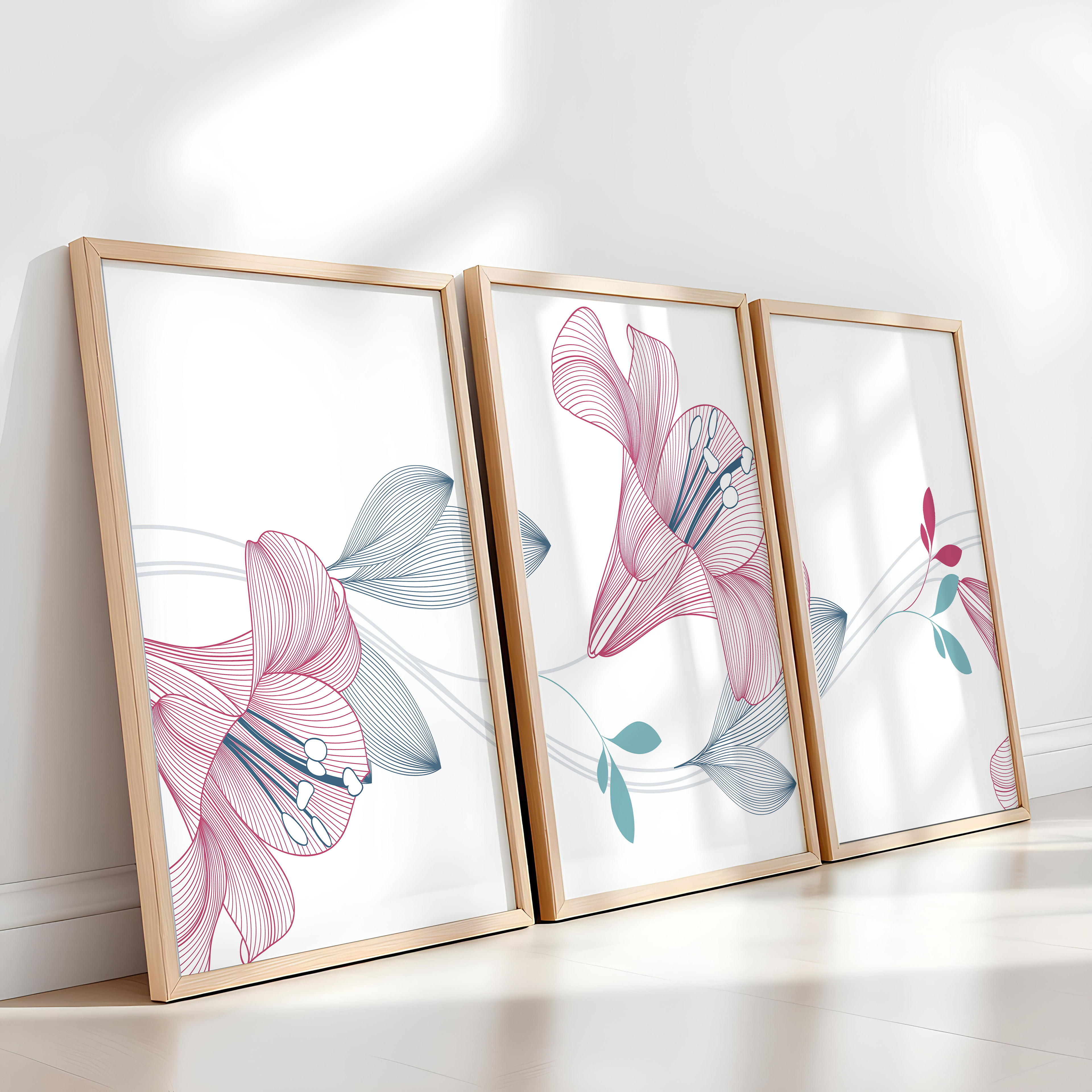 PINK & BLUE FLORAL LINE WALL ART SET – MODERN BOTANICAL