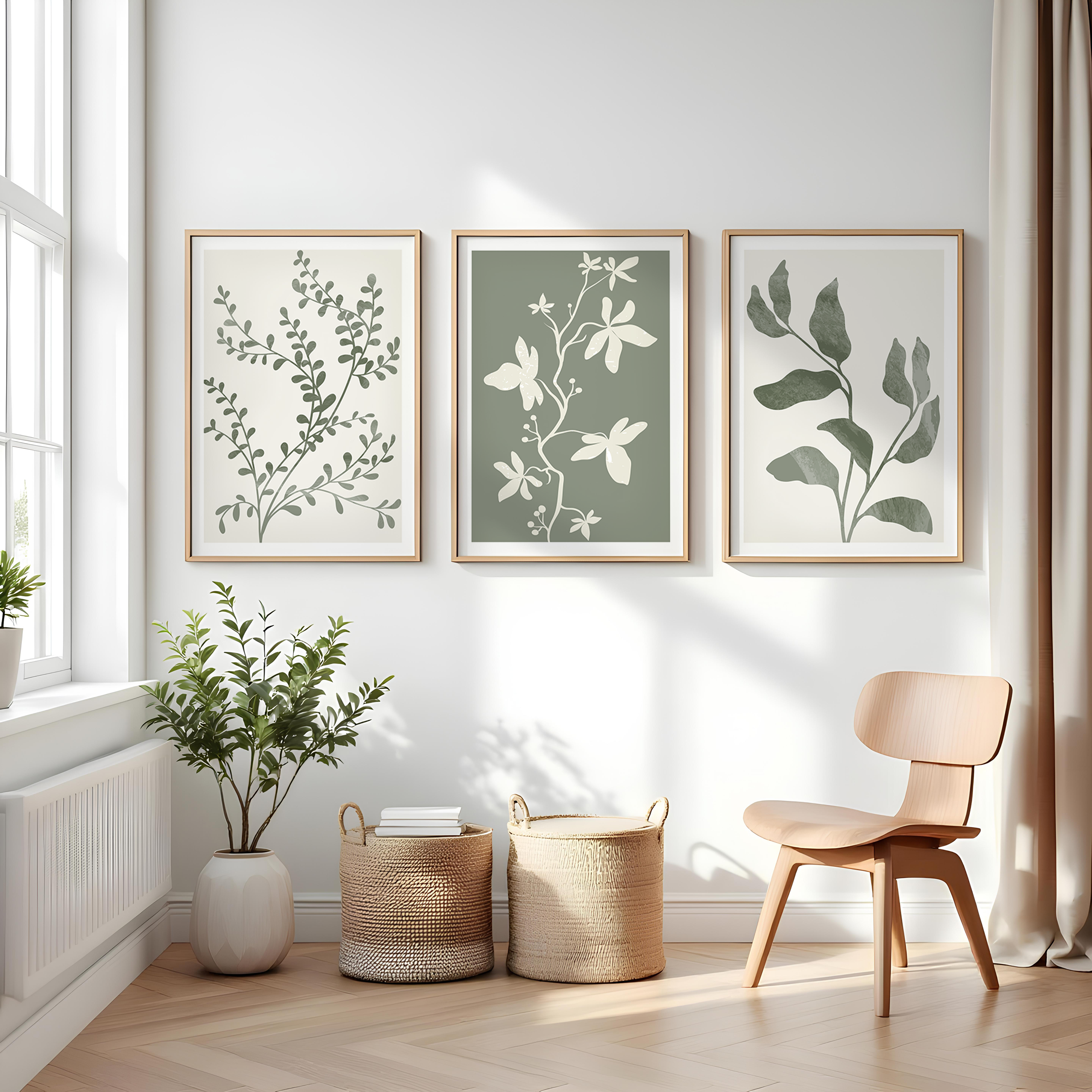 SAGE GREEN BOTANICAL WALL ART SET – MINIMALIST BOHO LEAF & FLORAL PRINTS