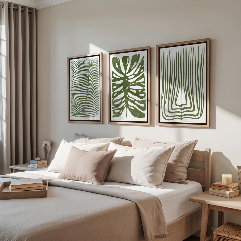 GREEN BOTANICAL BOHO WALL ART SET – TROPICAL LEAF MINIMALIST PRINTS