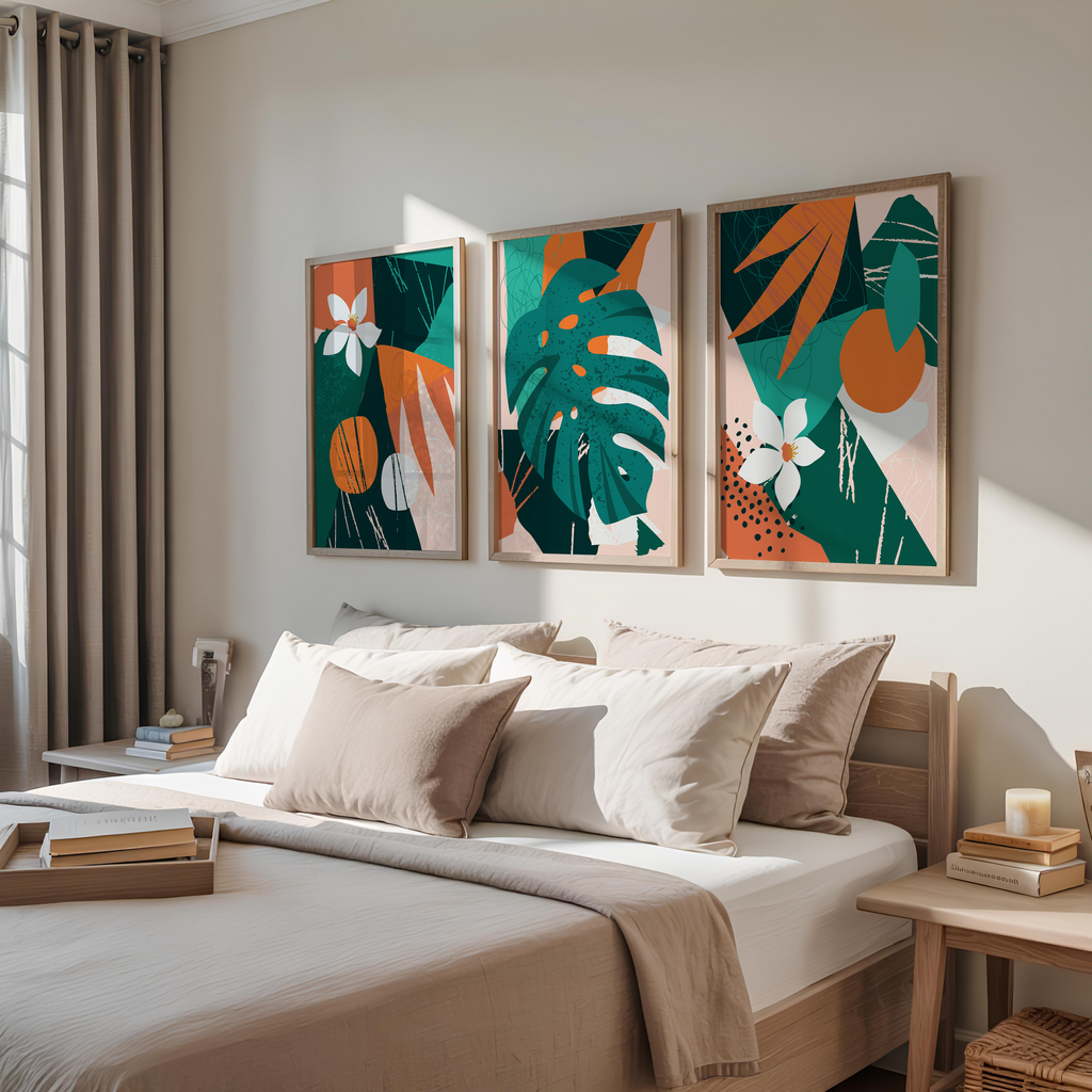 TROPICAL ABSTRACT BOTANICAL WALL ART SET – MODERN GREEN & TERRACOTTA