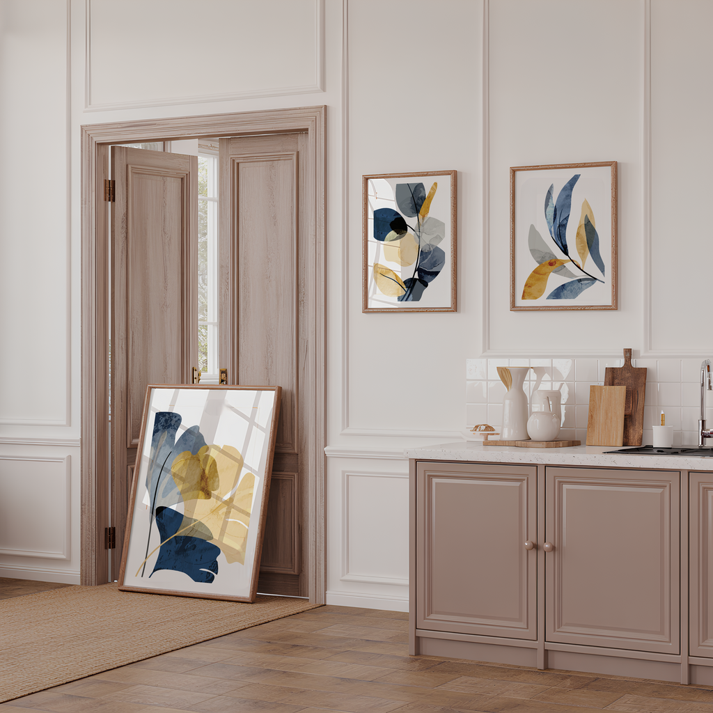 MODERN BLUE & OCHRE BOTANICAL WALL ART SET – ABSTRACT FLORAL PRINTS