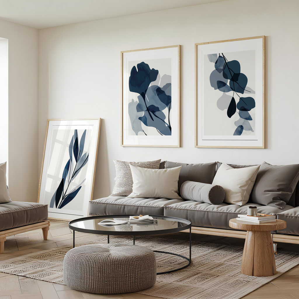 BLUE BOTANICAL ABSTRACT WALL ART SET – MODERN MINIMALIST FLORAL PRINTS