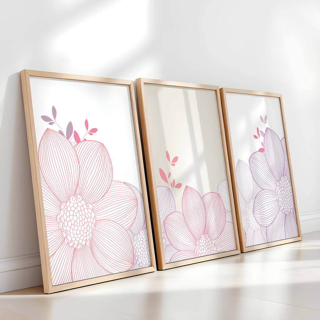 PINK & LILAC FLORAL LINE WALL ART SET – MODERN MINIMALIST FLOWER PRINTS