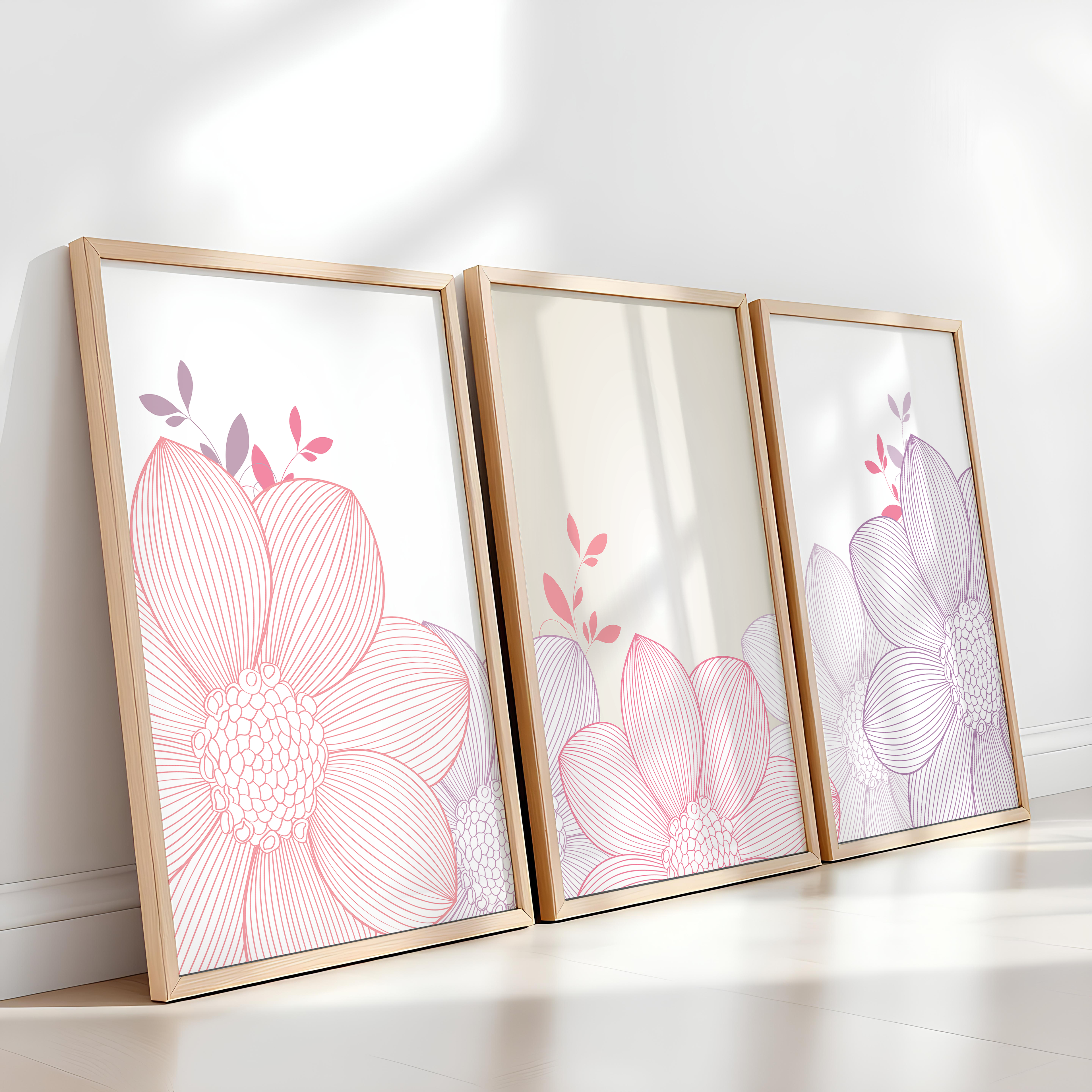 PINK & LILAC FLORAL LINE WALL ART SET – MODERN MINIMALIST FLOWER PRINTS