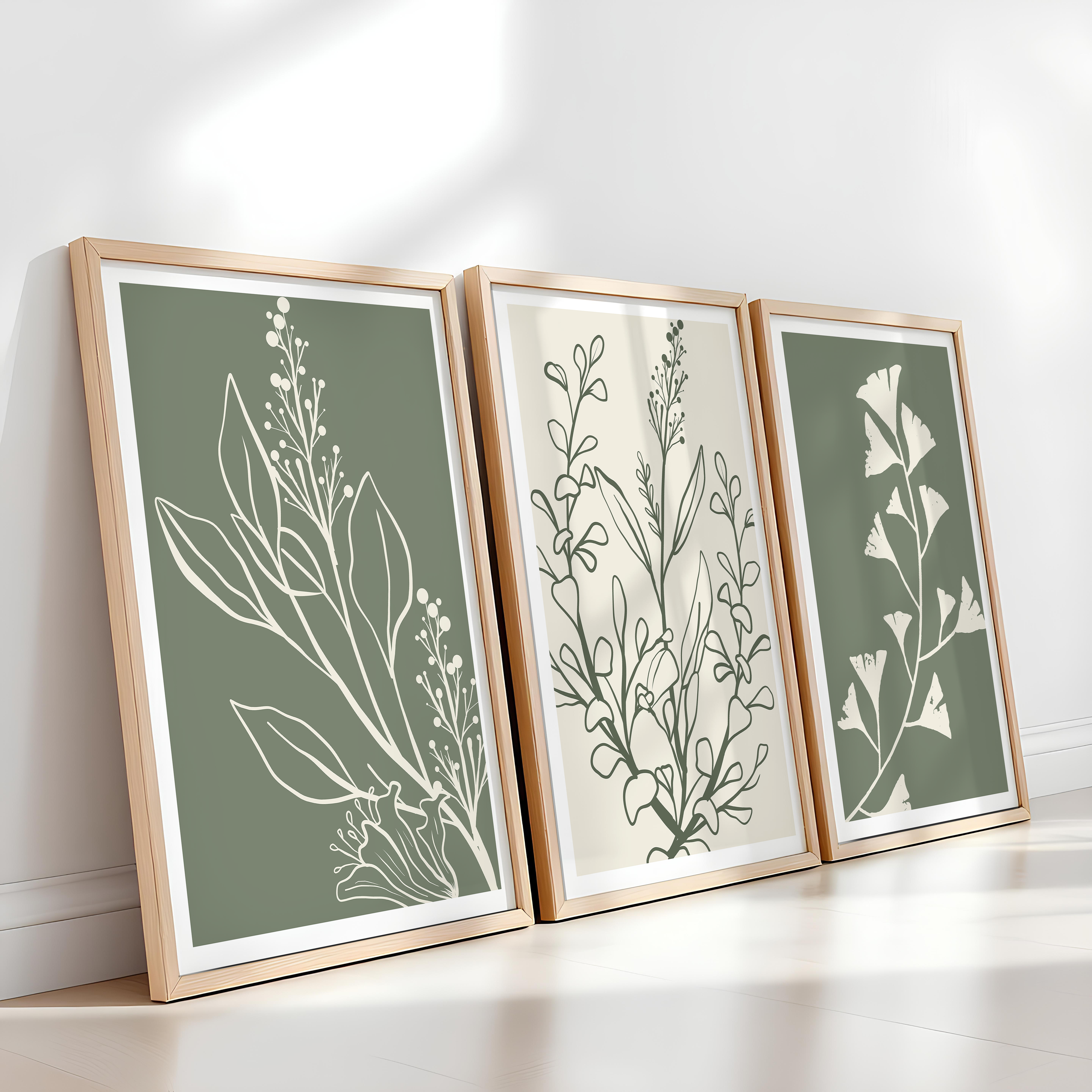 SAGE GREEN BOTANICAL WALL ART SET – MINIMALIST FLORAL LINE PRINTS