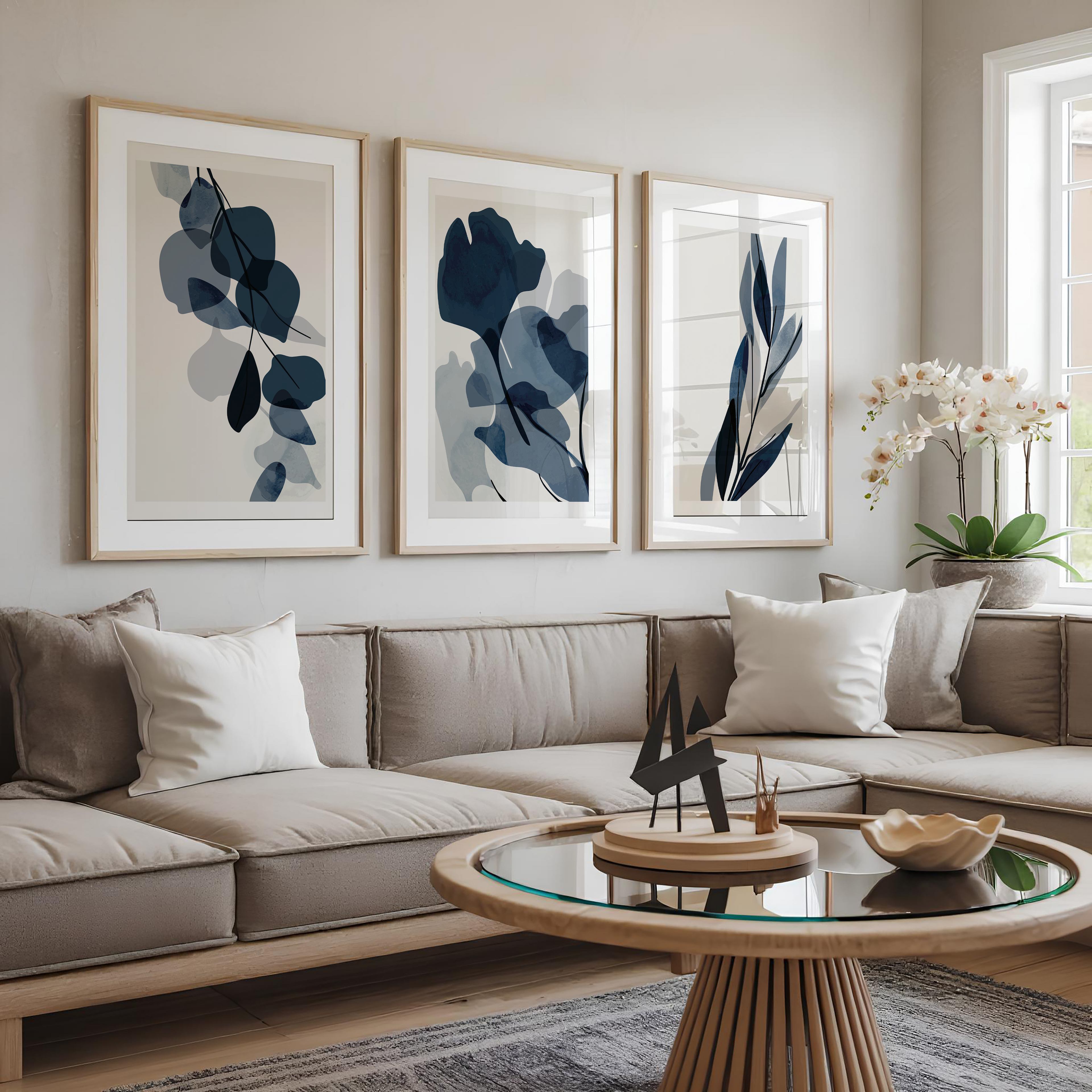 BLUE BOTANICAL ABSTRACT WALL ART SET – MODERN MINIMALIST FLORAL PRINTS