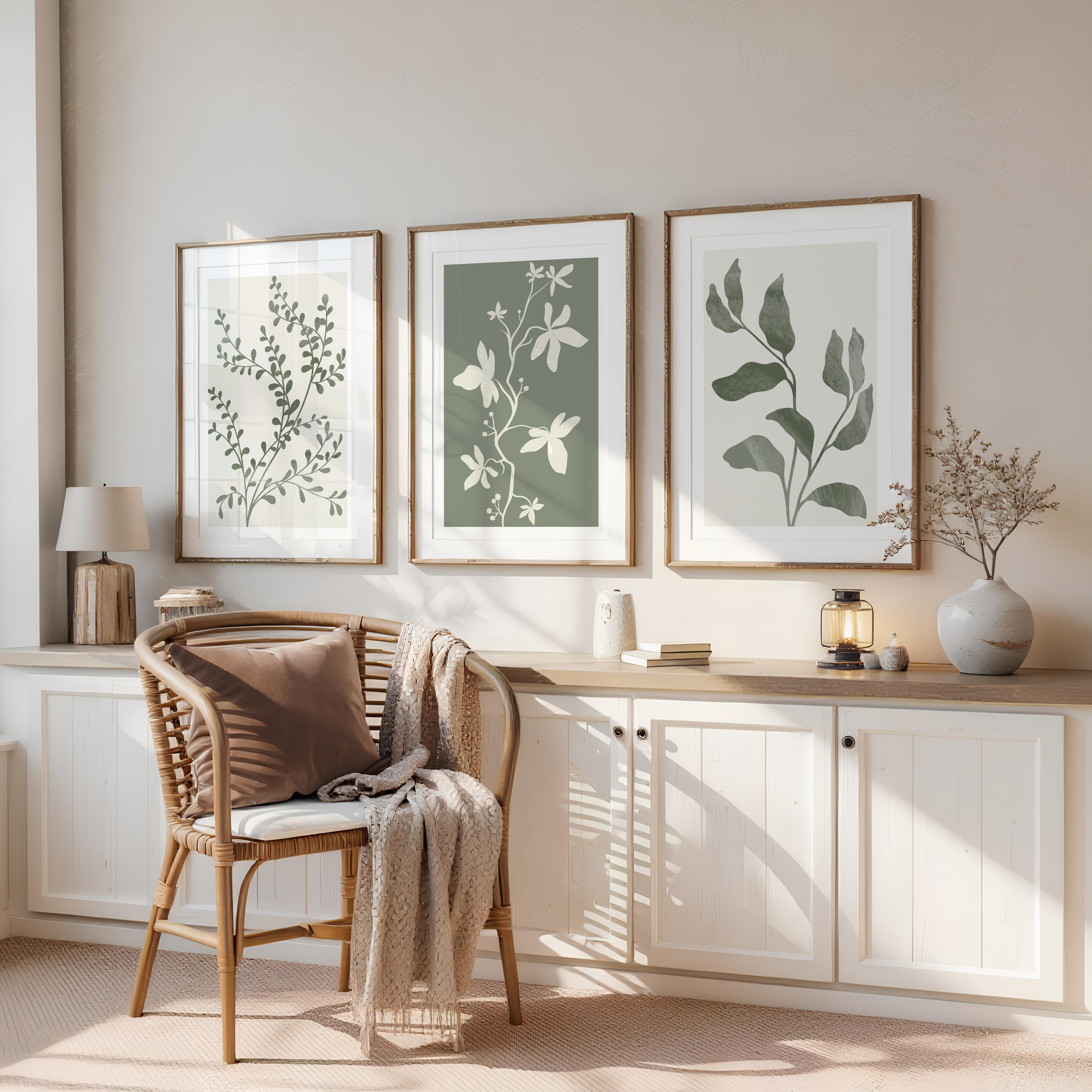 SAGE GREEN BOTANICAL WALL ART SET – MINIMALIST BOHO LEAF & FLORAL PRINTS