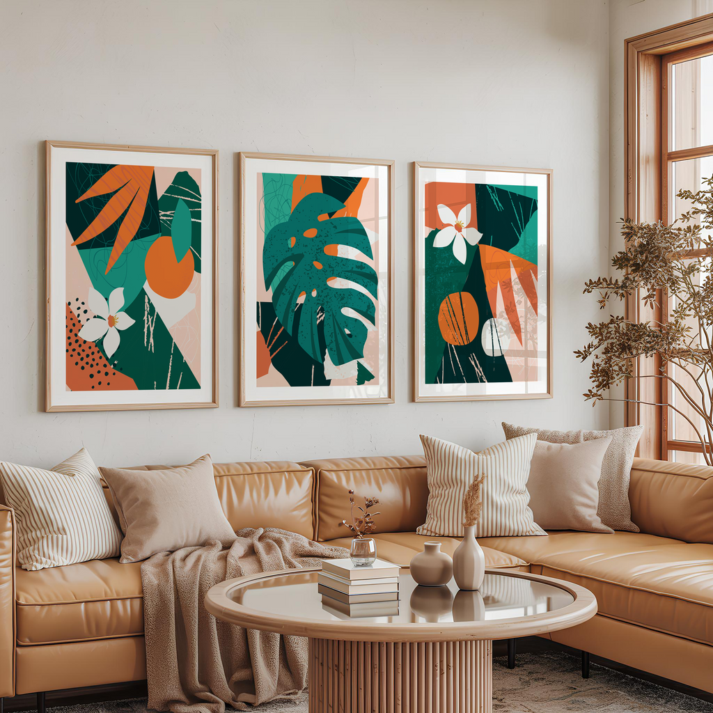 TROPICAL ABSTRACT BOTANICAL WALL ART SET – MODERN GREEN & TERRACOTTA