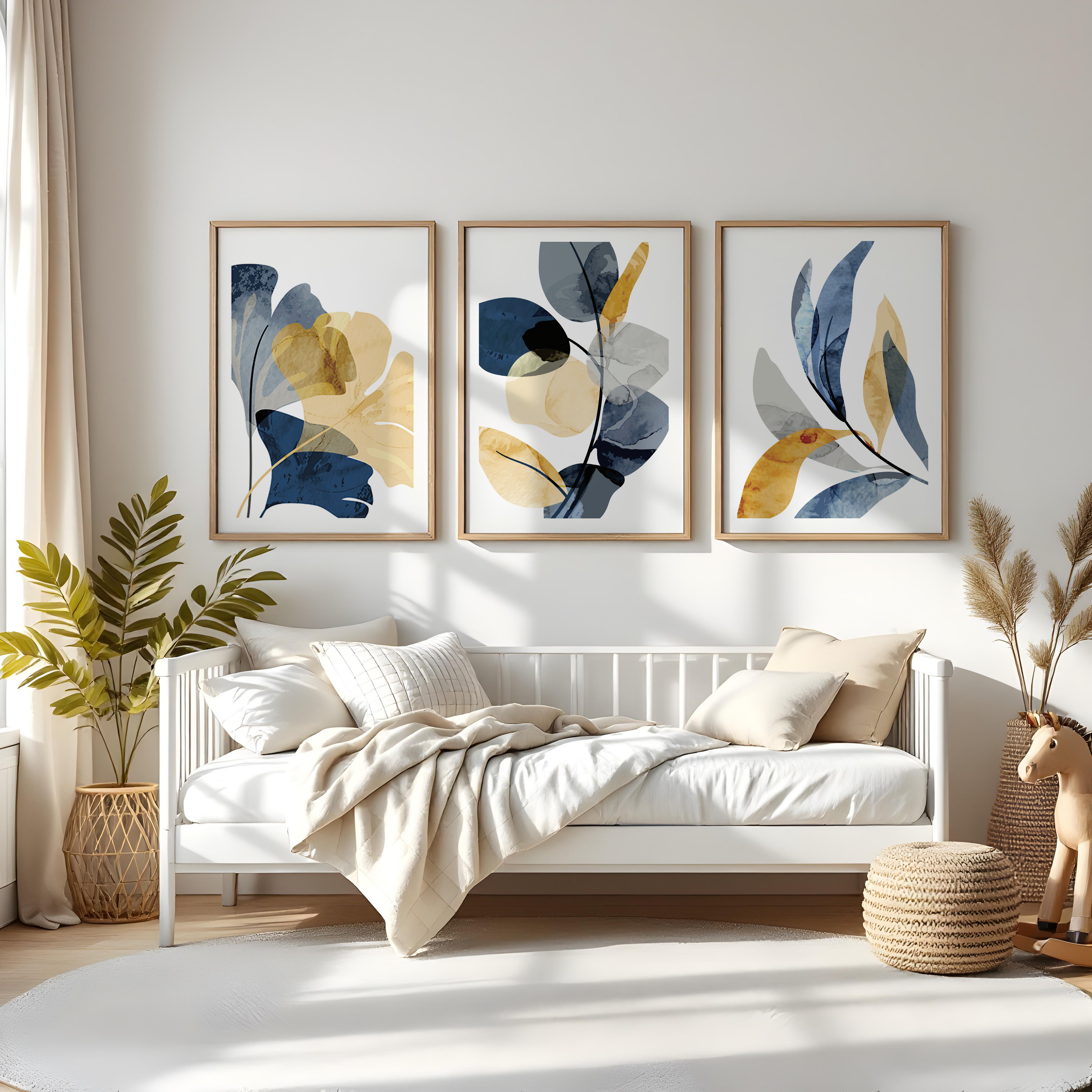 MODERN BLUE & OCHRE BOTANICAL WALL ART SET – ABSTRACT FLORAL PRINTS