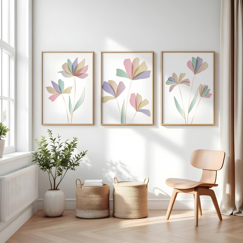 PASTEL BOTANICAL WALL ART SET – MODERN FLORAL LINE PRINTS