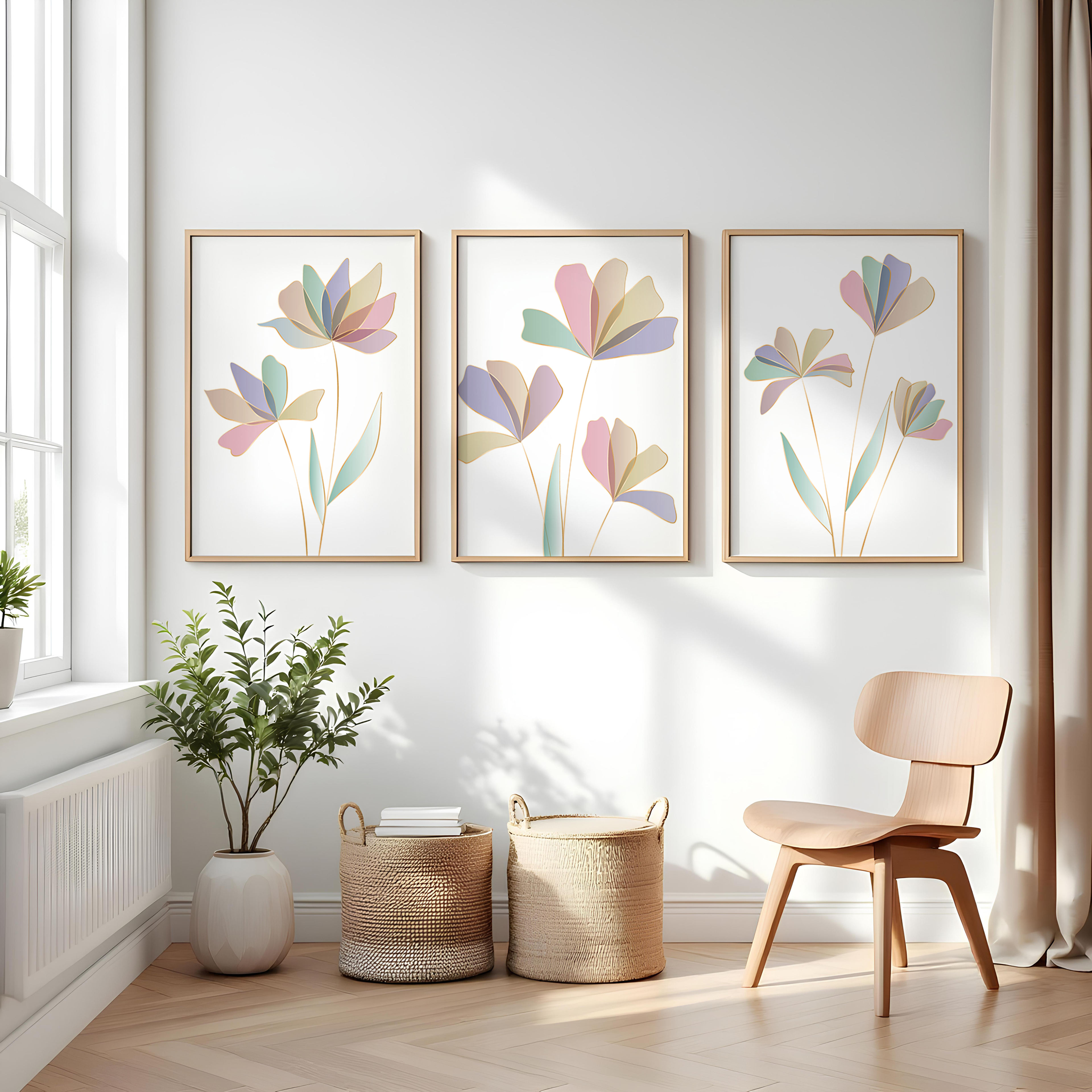 PASTEL BOTANICAL WALL ART SET – MODERN FLORAL LINE PRINTS