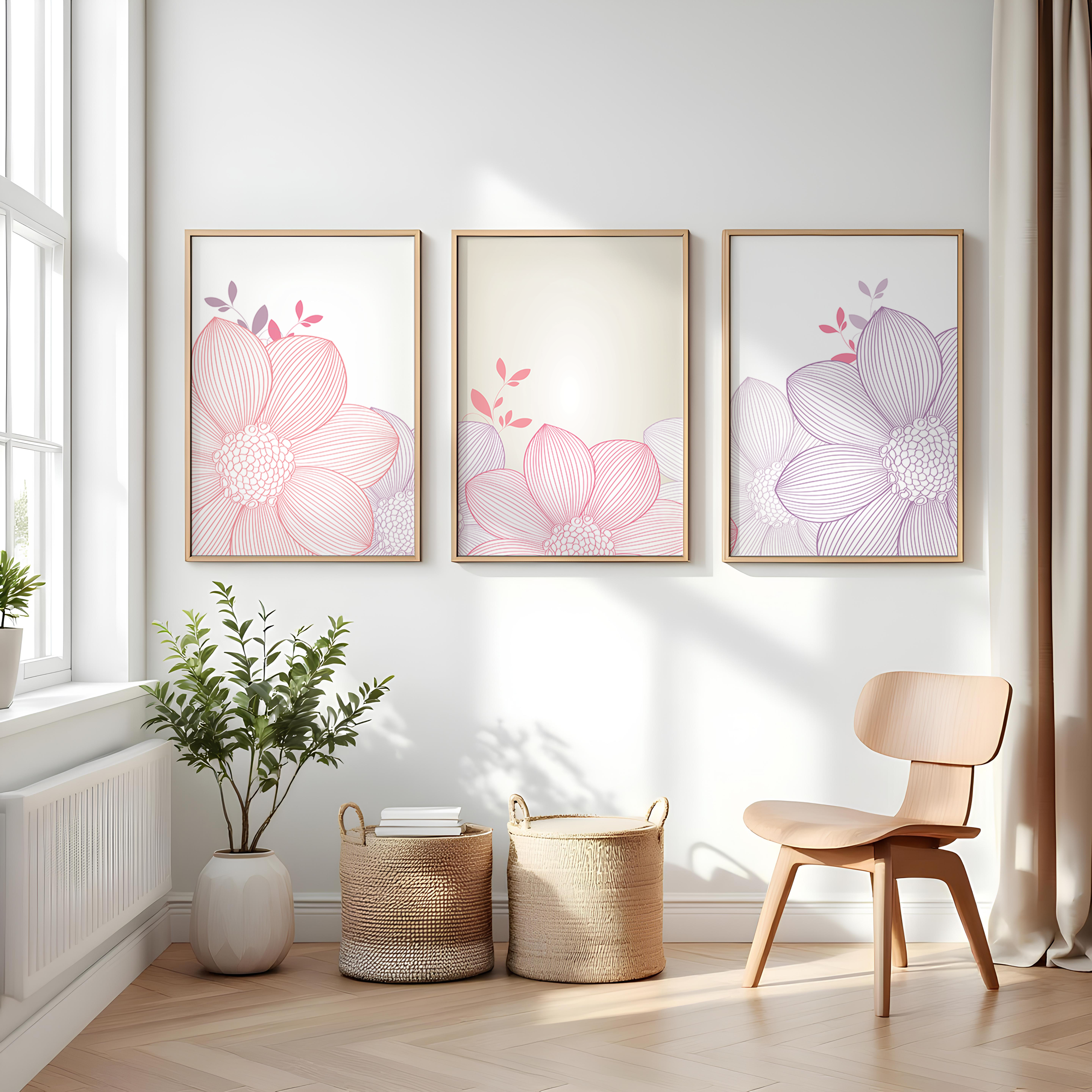 PINK & LILAC FLORAL LINE WALL ART SET – MODERN MINIMALIST FLOWER PRINTS