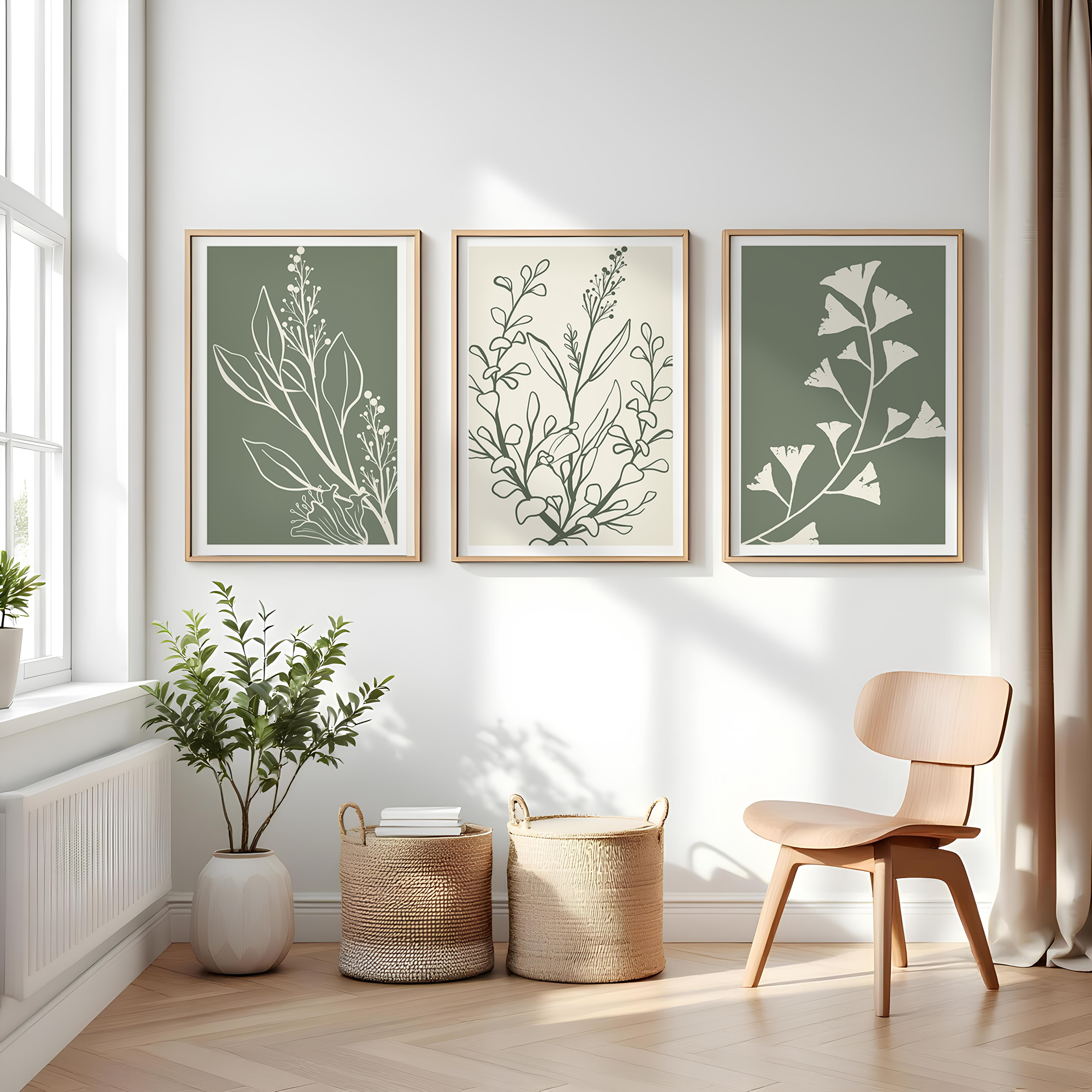 SAGE GREEN BOTANICAL WALL ART SET – MINIMALIST FLORAL LINE PRINTS