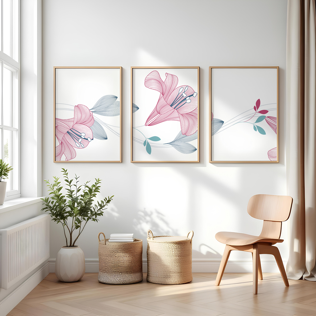 PINK & BLUE FLORAL LINE WALL ART SET – MODERN BOTANICAL