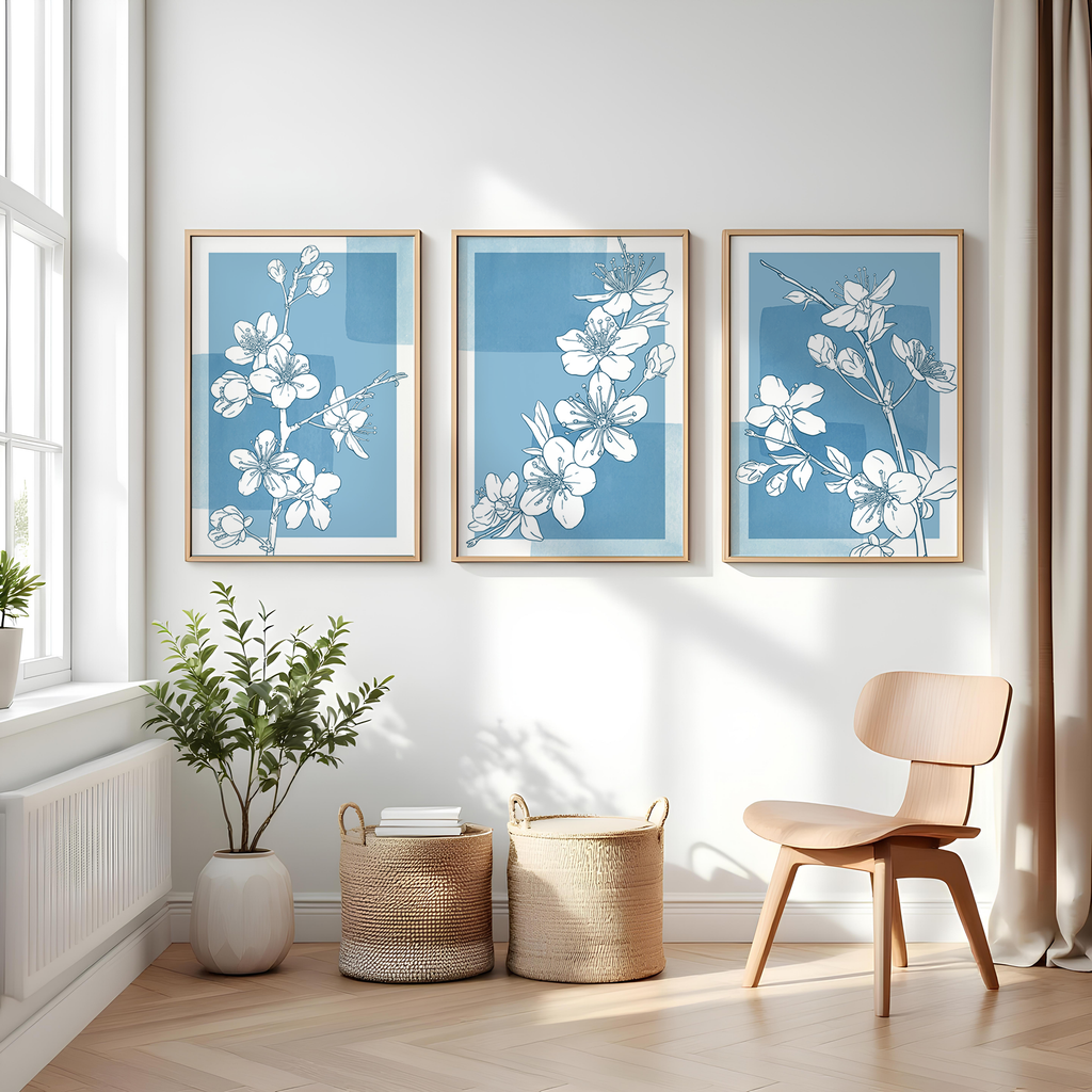 BLUE FLORAL WALL ART SET – MINIMALIST BOTANICAL LINE DRAWING PRINTS