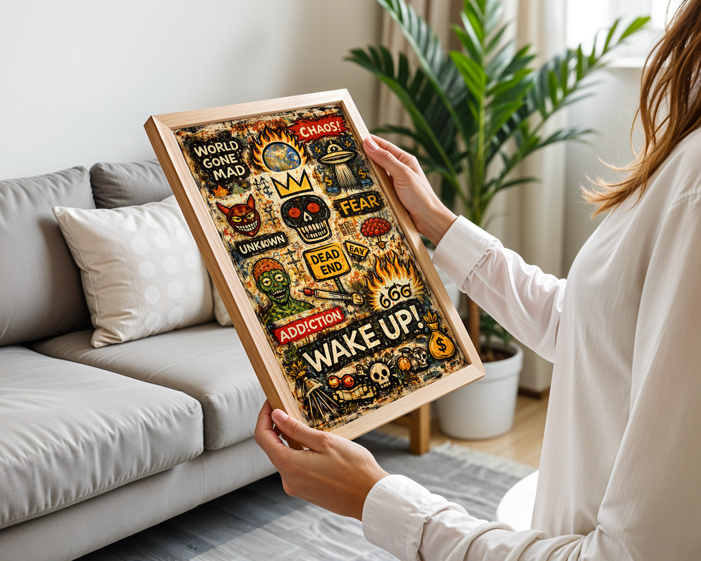 Wake Up – Basquiat Inspired World Gone Mad Neo-Expressionist Graffiti Wall Art