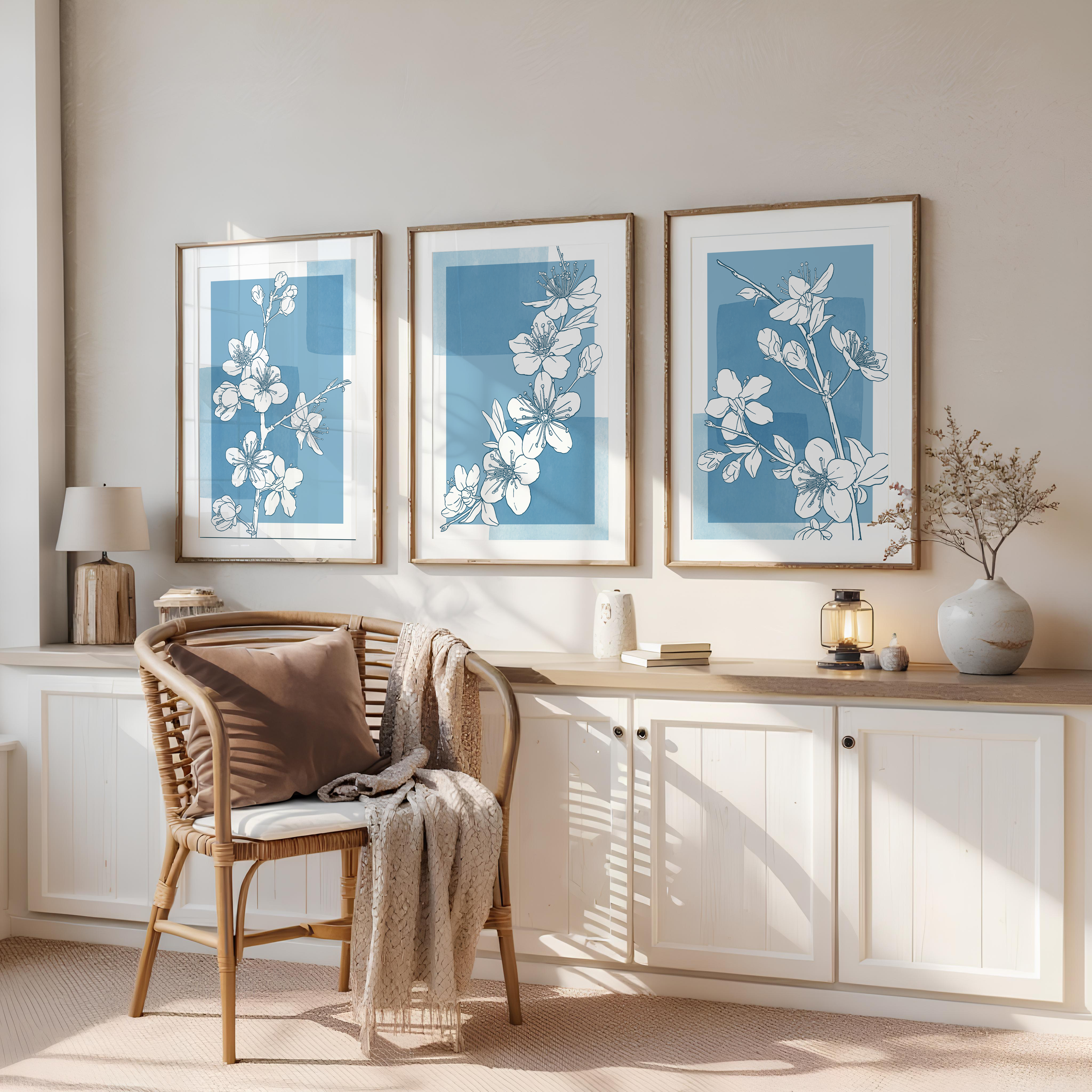 BLUE FLORAL WALL ART SET – MINIMALIST BOTANICAL LINE DRAWING PRINTS