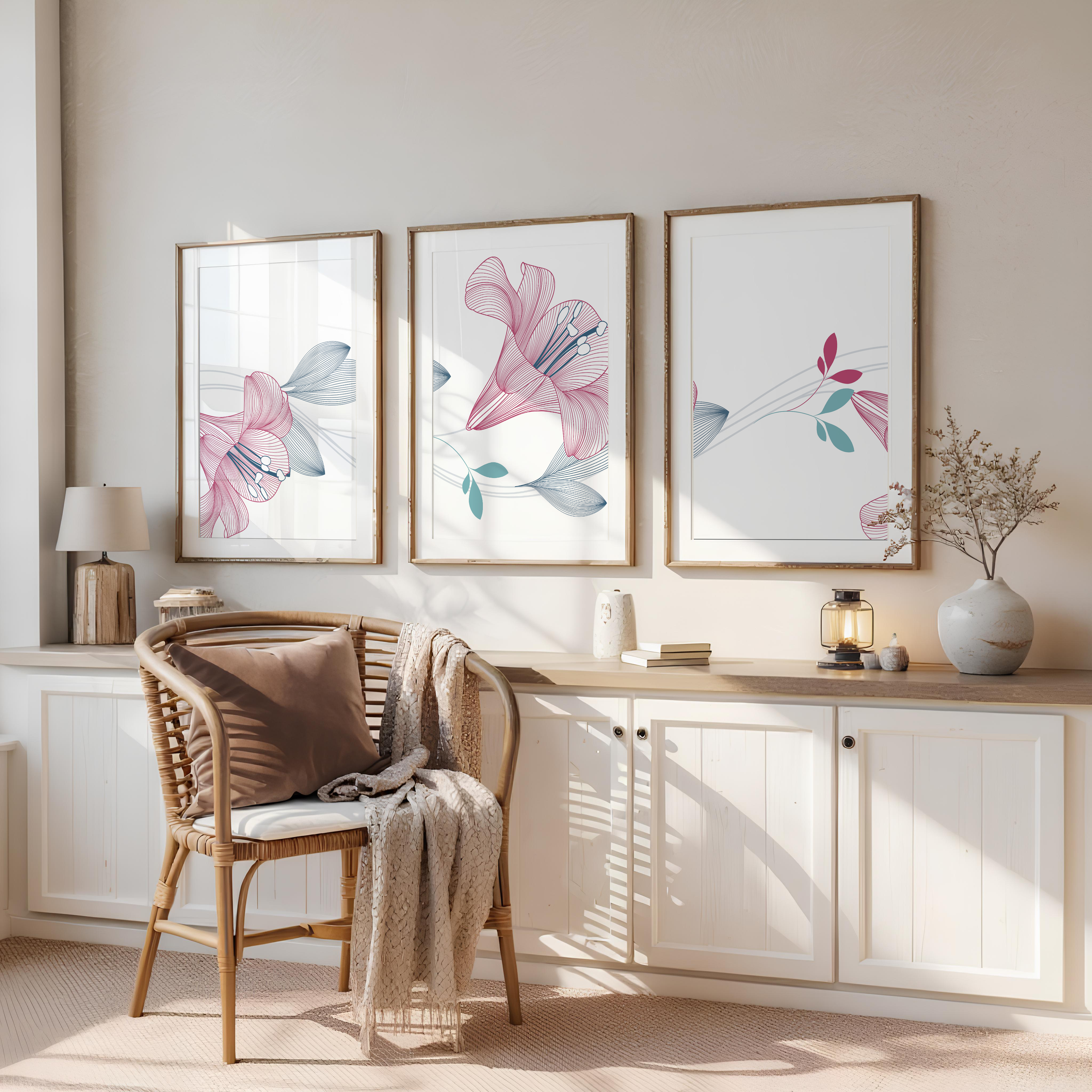 PINK & BLUE FLORAL LINE WALL ART SET – MODERN BOTANICAL