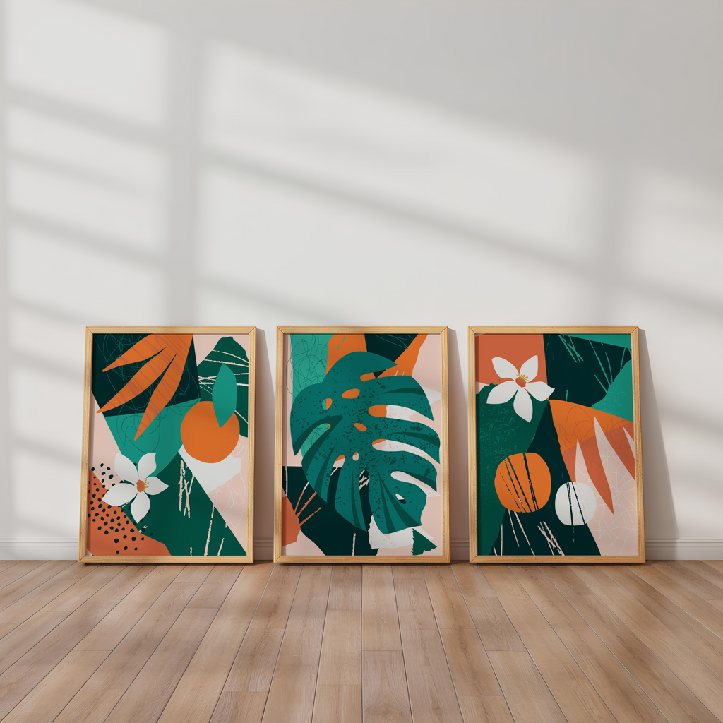 TROPICAL ABSTRACT BOTANICAL WALL ART SET – MODERN GREEN & TERRACOTTA