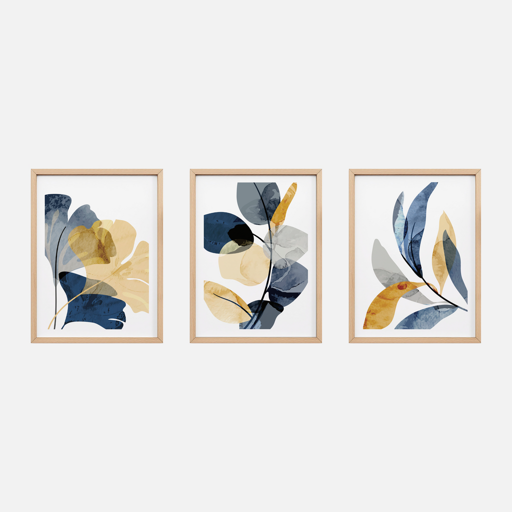 MODERN BLUE & OCHRE BOTANICAL WALL ART SET – ABSTRACT FLORAL PRINTS