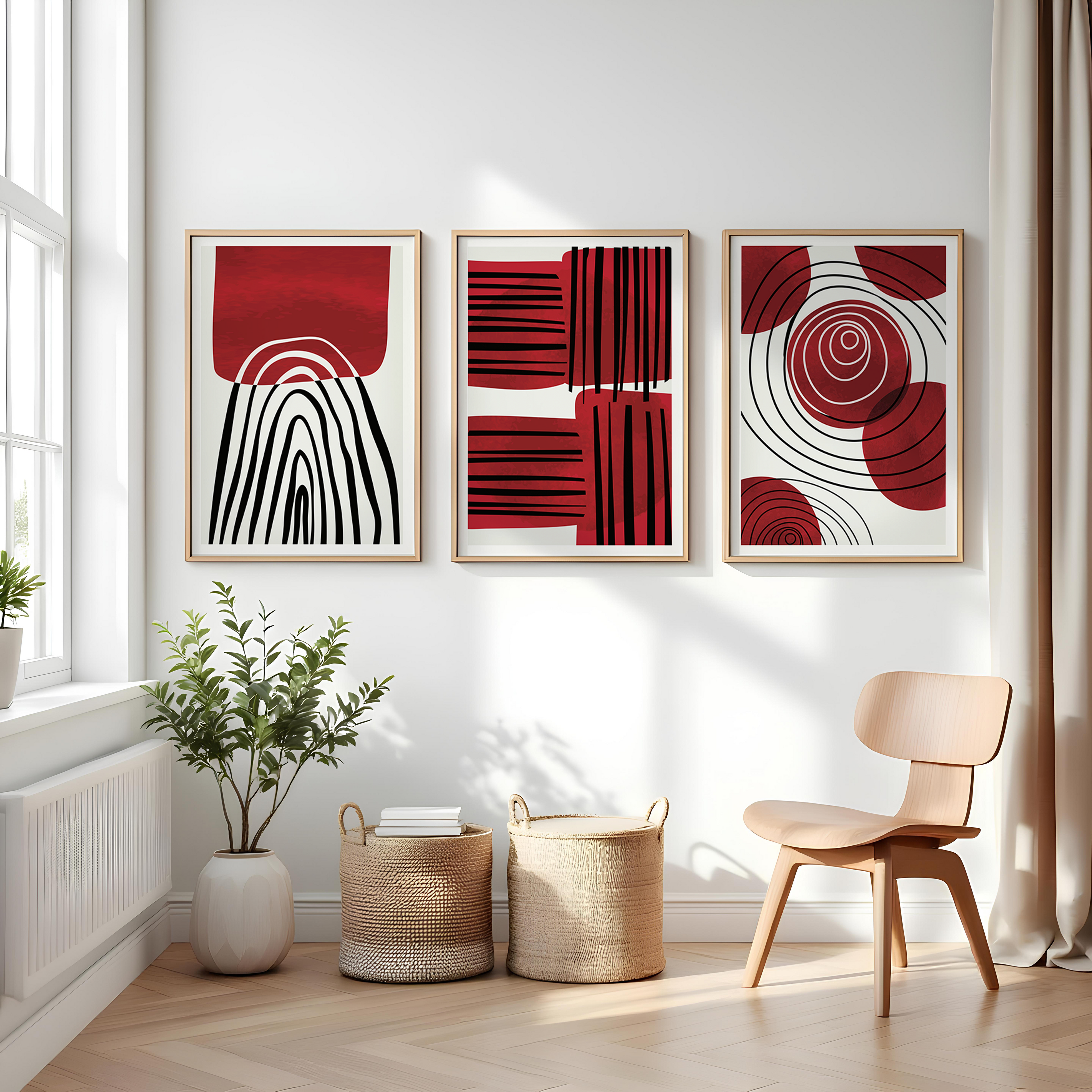 RED & BLACK ABSTRACT WALL ART SET – MODERN GEOMETRIC MINIMALIST