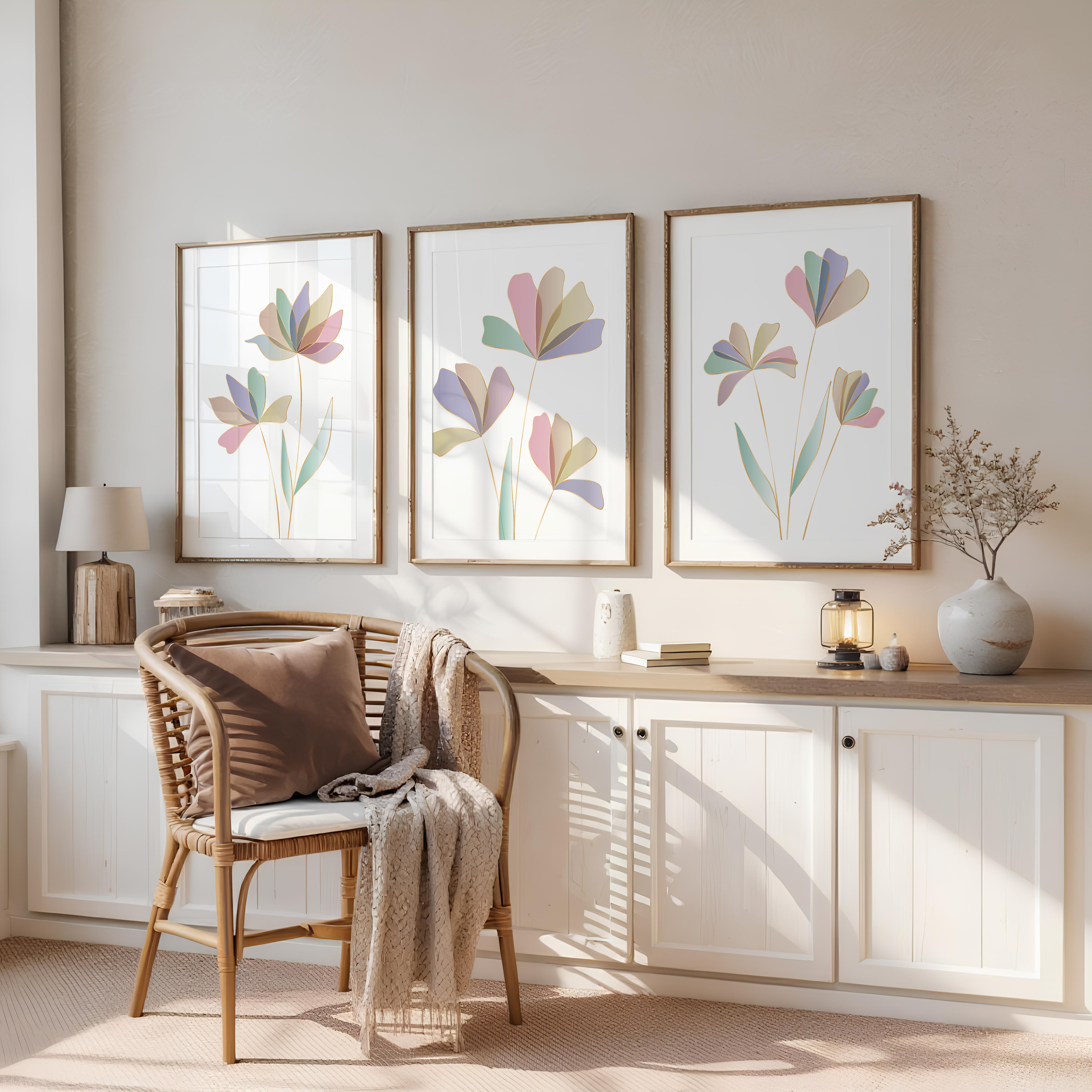 PASTEL BOTANICAL WALL ART SET – MODERN FLORAL LINE PRINTS