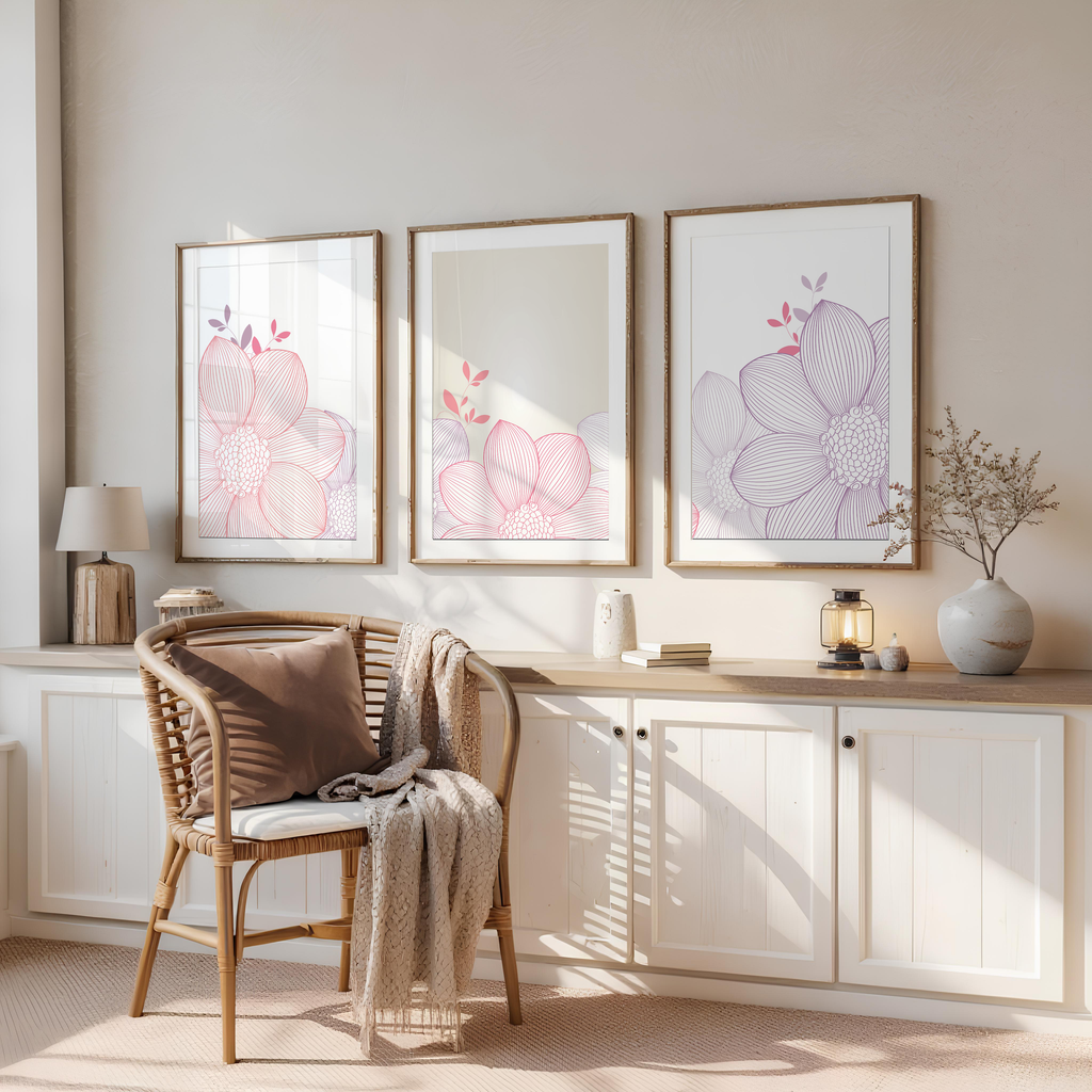 PINK & LILAC FLORAL LINE WALL ART SET – MODERN MINIMALIST FLOWER PRINTS