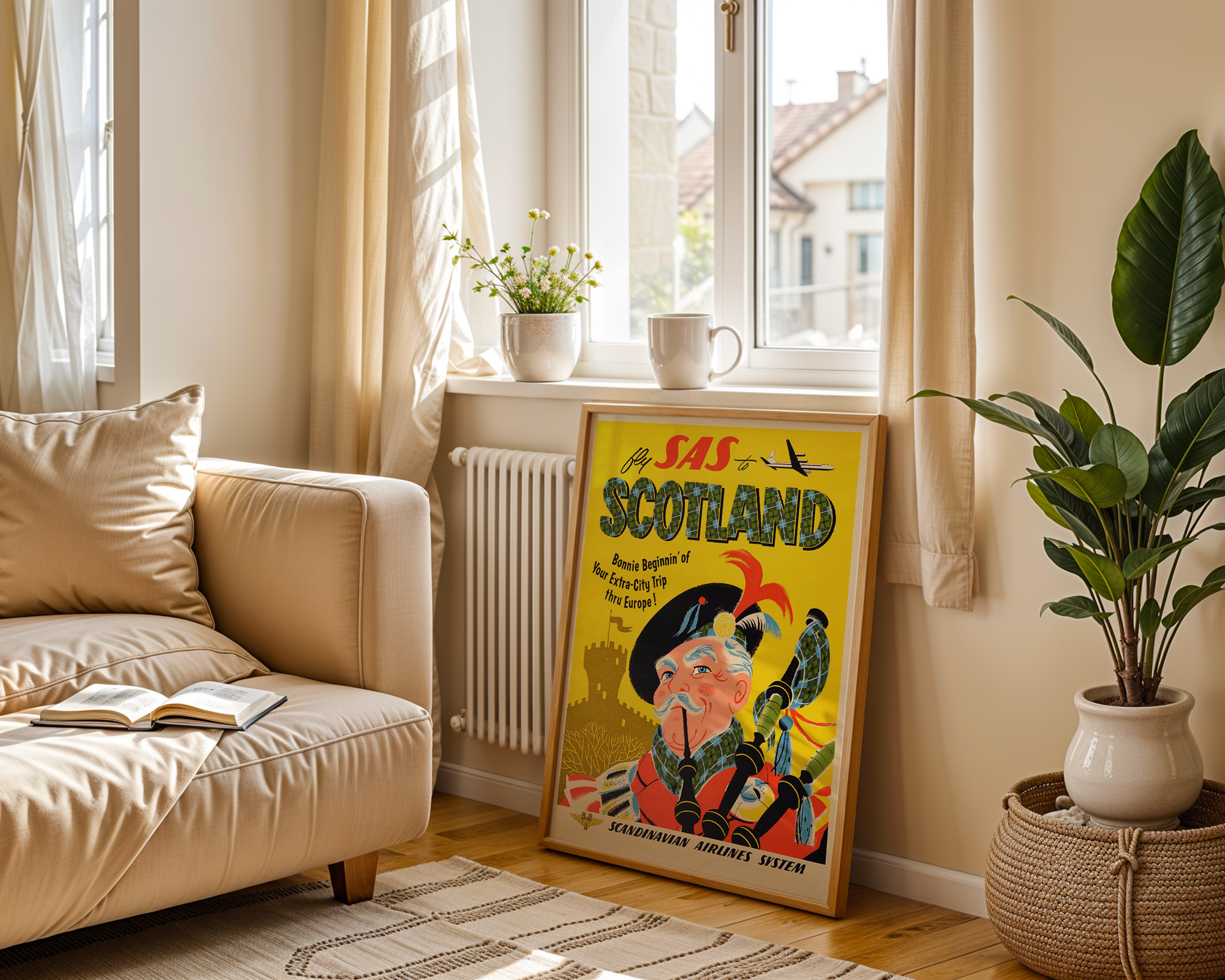 SCOTLAND VINTAGE TRAVEL POSTER – FLY SAS BAGPIPER WALL ART PRINT