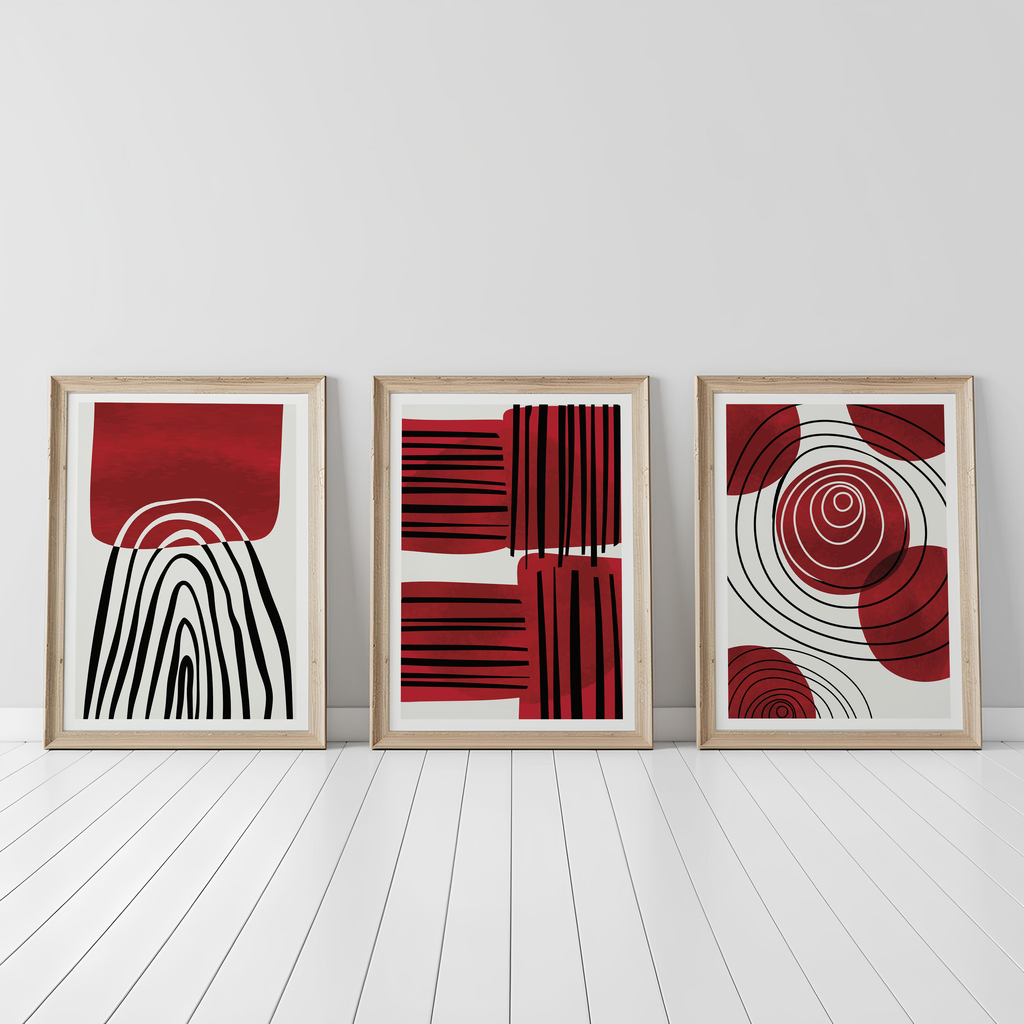 RED & BLACK ABSTRACT WALL ART SET – MODERN GEOMETRIC MINIMALIST