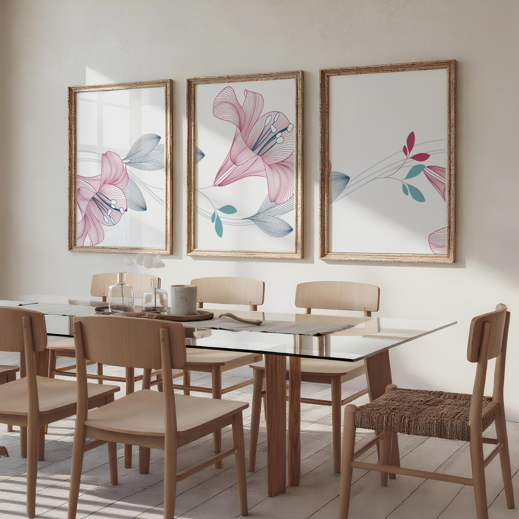 PINK & BLUE FLORAL LINE WALL ART SET – MODERN BOTANICAL