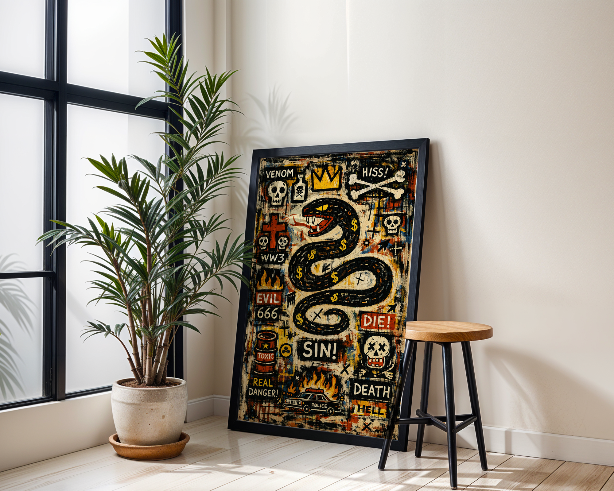 Venom & Sin – Basquiat Inspired Neo-Expressionist Snake Graffiti Wall Art