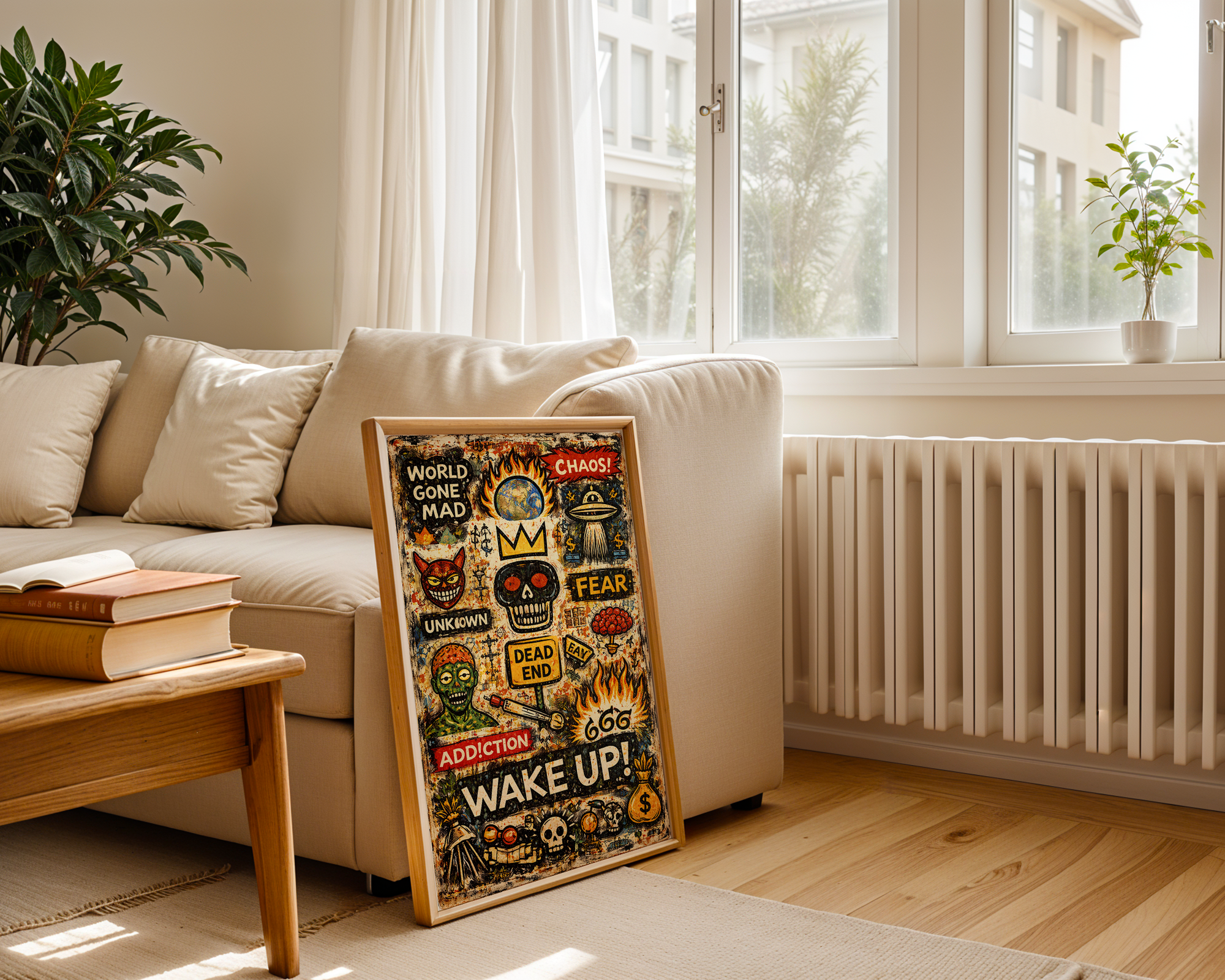 Wake Up – Basquiat Inspired World Gone Mad Neo-Expressionist Graffiti Wall Art