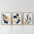 MODERN BLUE & OCHRE BOTANICAL WALL ART SET – ABSTRACT FLORAL PRINTS