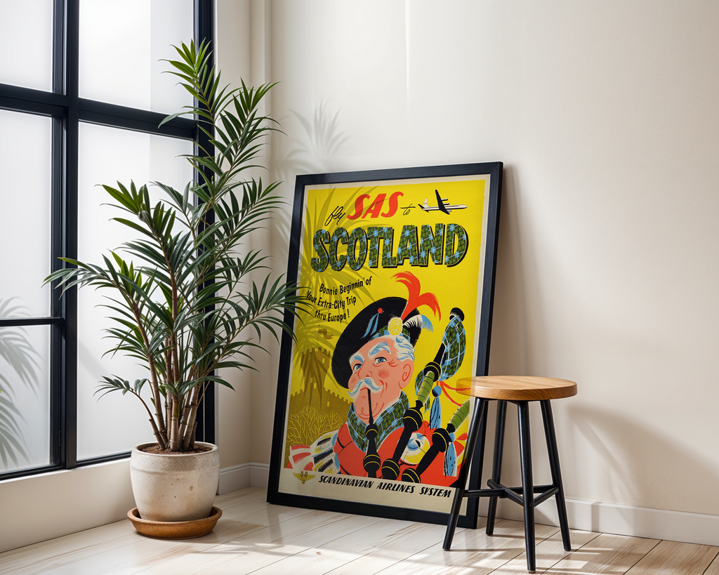 SCOTLAND VINTAGE TRAVEL POSTER – FLY SAS BAGPIPER WALL ART PRINT