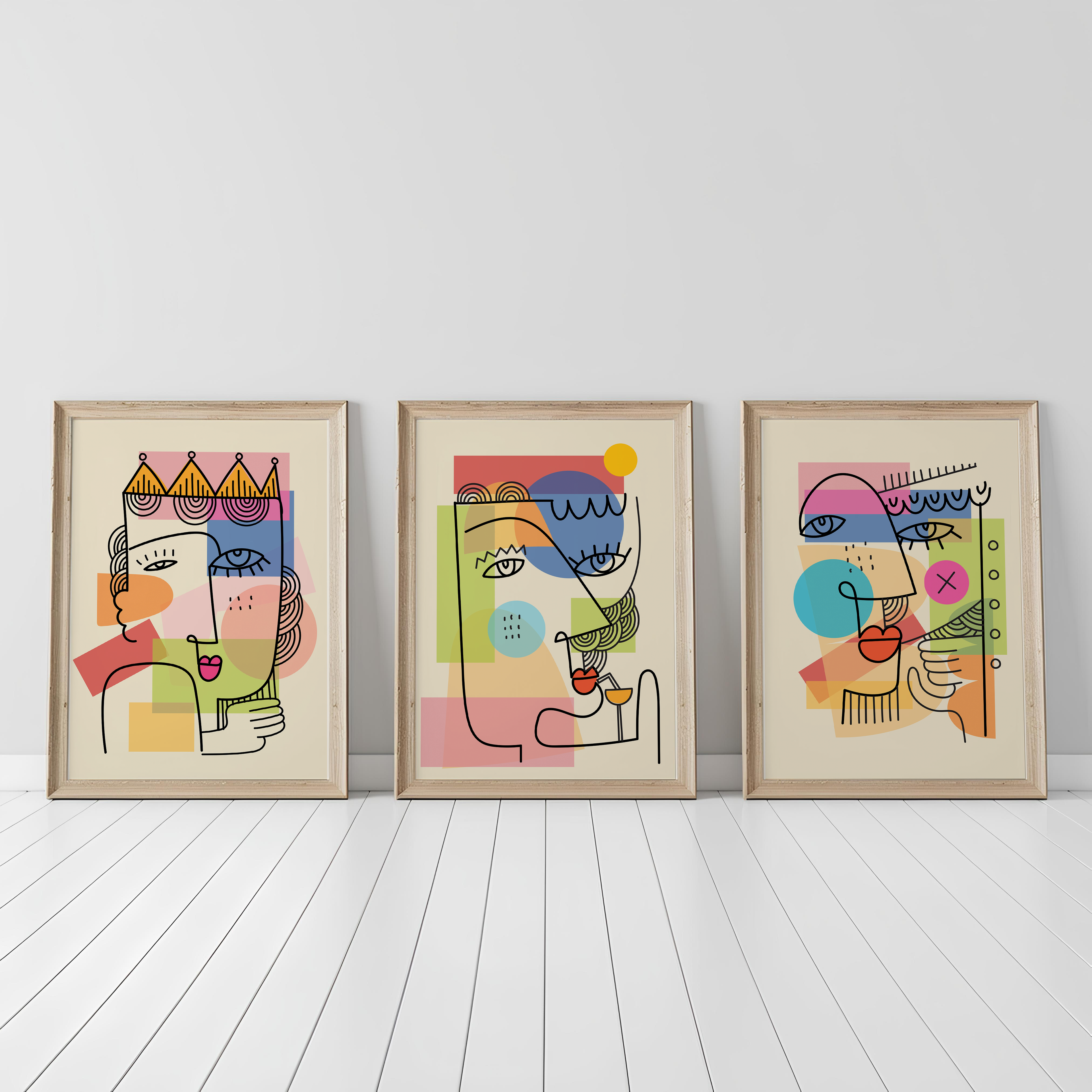 ABSTRACT LINE FACE WALL ART SET – MODERN COLOR BLOCK PORTRAIT PRINTS