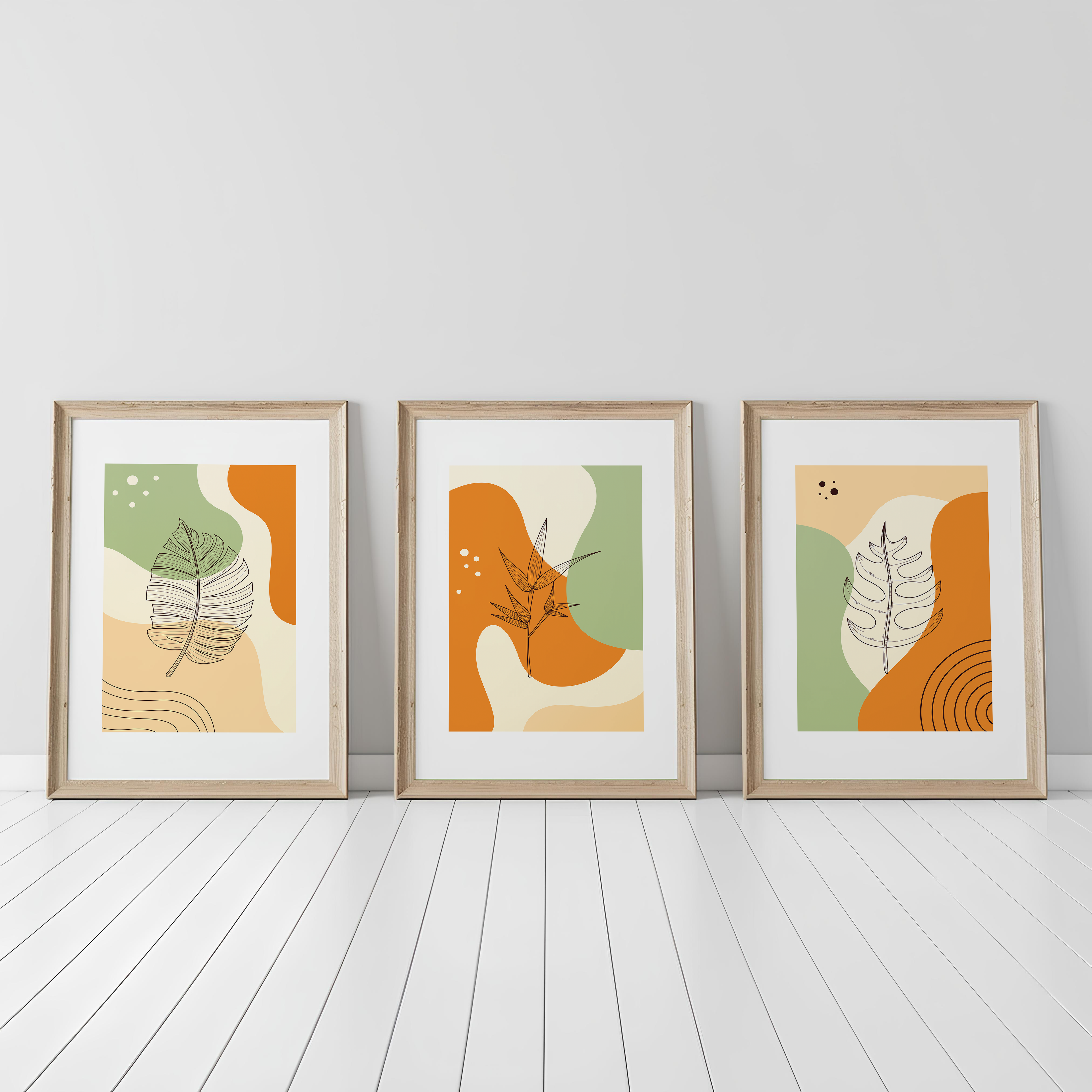 MODERN BOHO ABSTRACT LEAF WALL ART SET – SAGE GREEN & TERRACOTTA BOTANICAL PRINTS