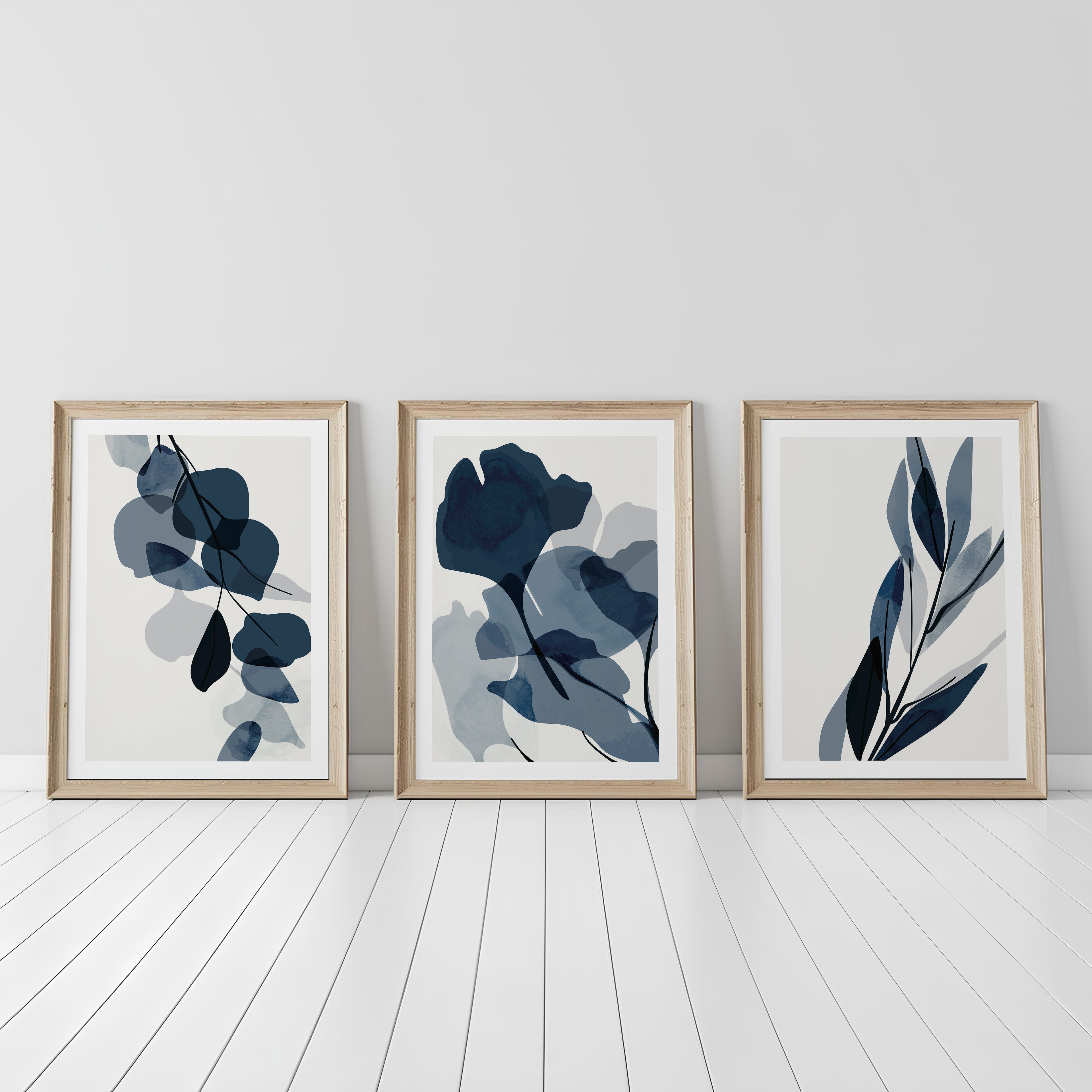 BLUE BOTANICAL ABSTRACT WALL ART SET – MODERN MINIMALIST FLORAL PRINTS