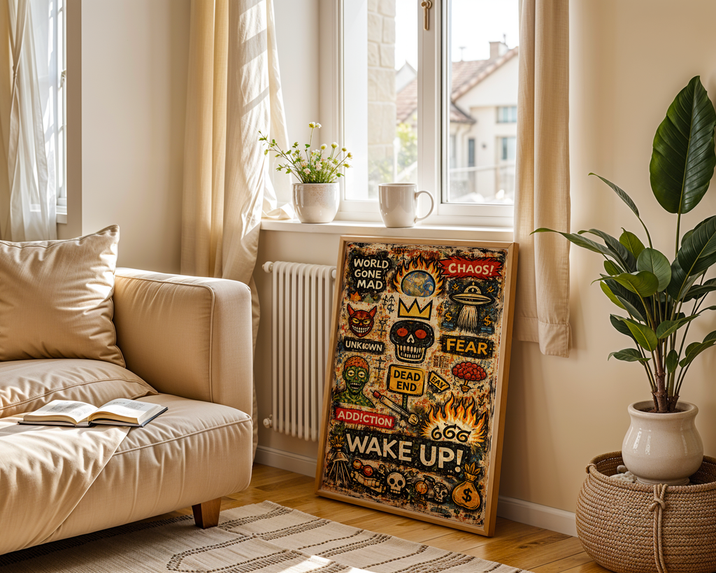 Wake Up – Basquiat Inspired World Gone Mad Neo-Expressionist Graffiti Wall Art