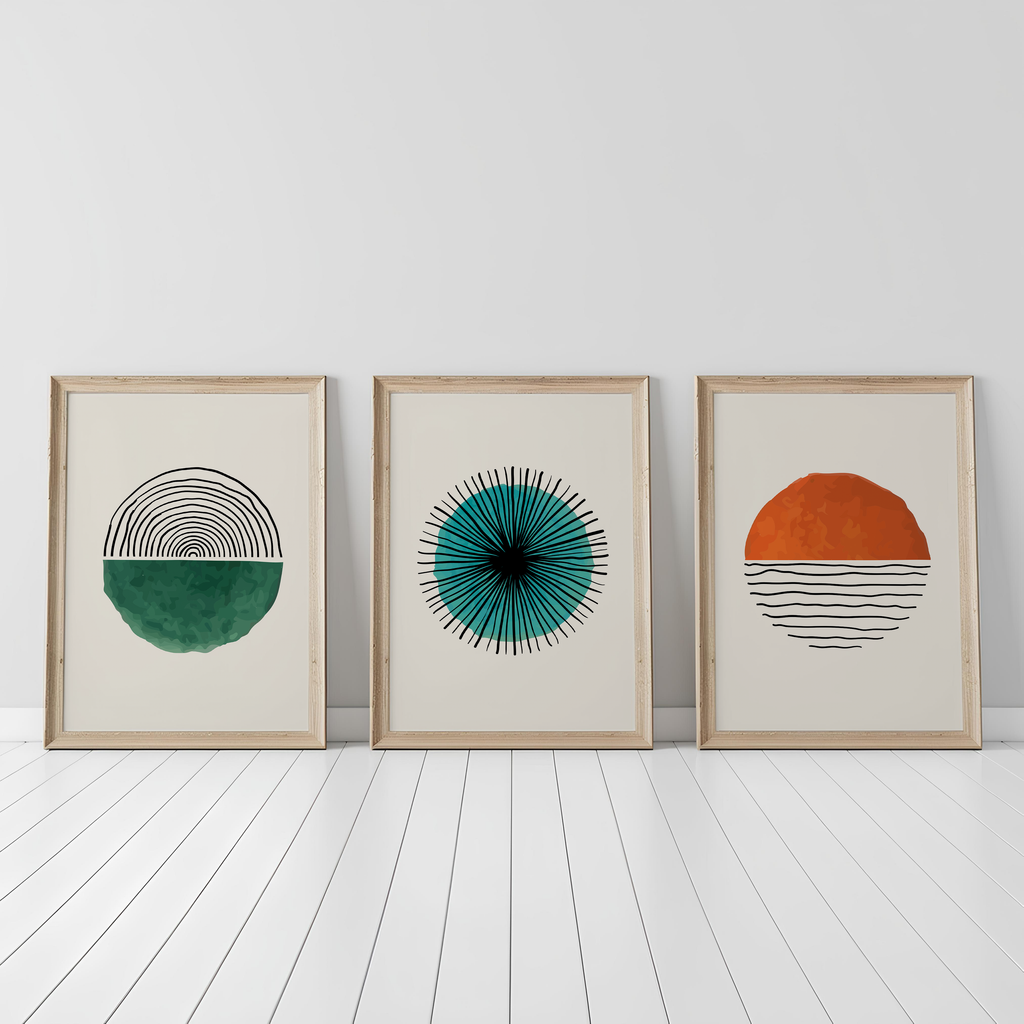 Abstract Geometric Wall Art Set of 3 – Modern Minimalist Prints, Neutral Contemporary Home Decor, Mid Century Style Poster Set