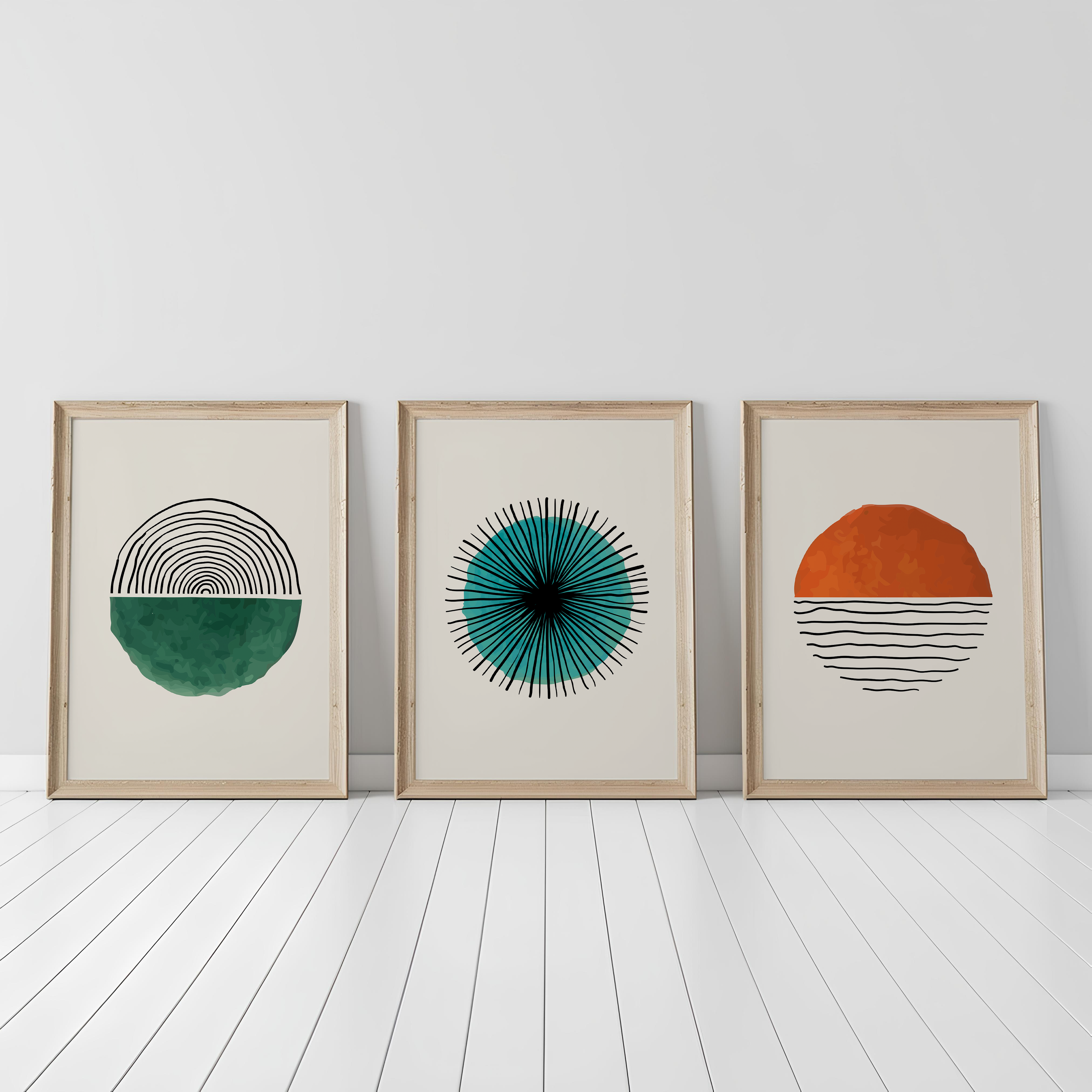 Abstract Geometric Wall Art Set of 3 – Modern Minimalist Prints, Neutral Contemporary Home Decor, Mid Century Style Poster Set