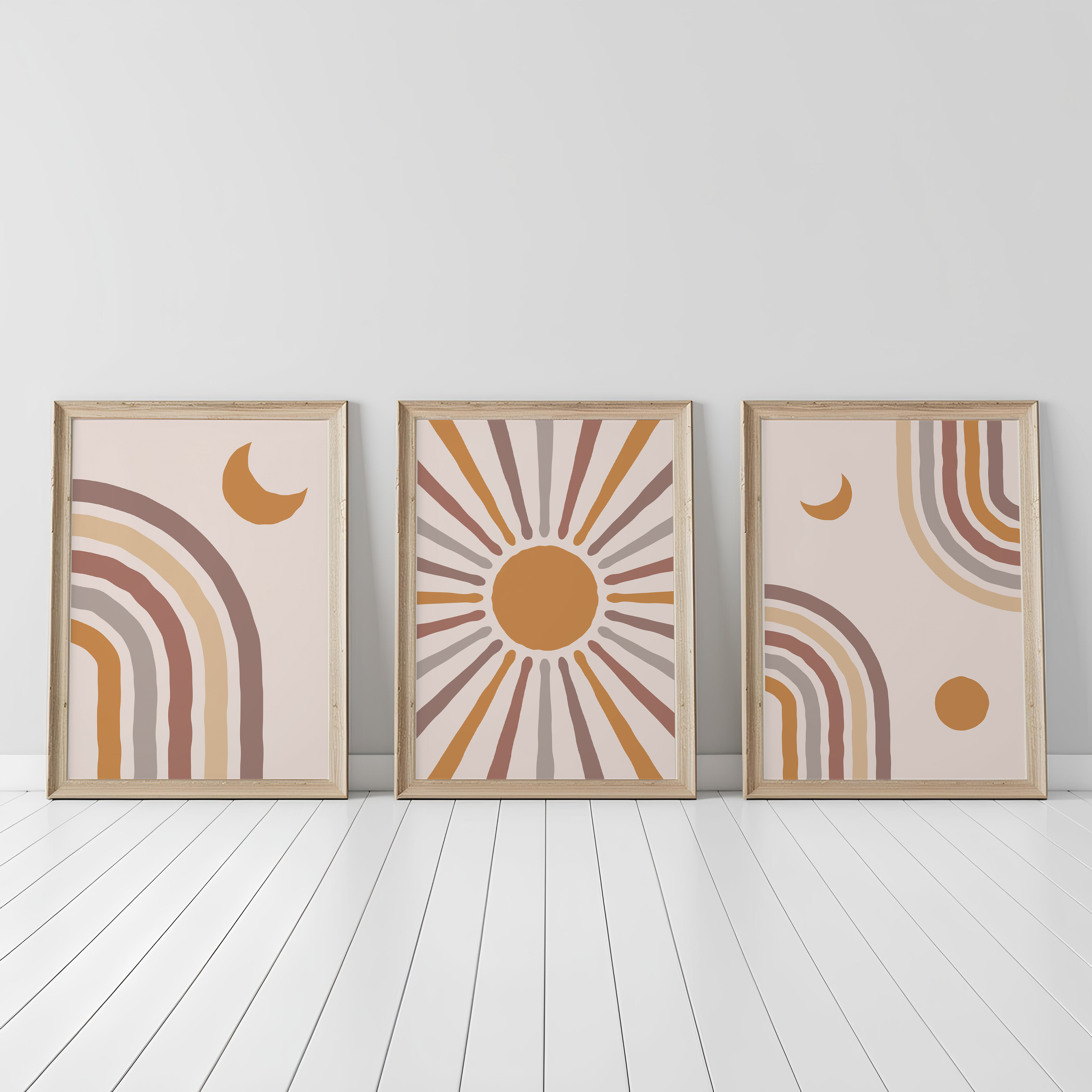BOHO RAINBOW SUNBURST WALL ART SET – NEUTRAL TERRACOTTA CELESTIAL PRINTS