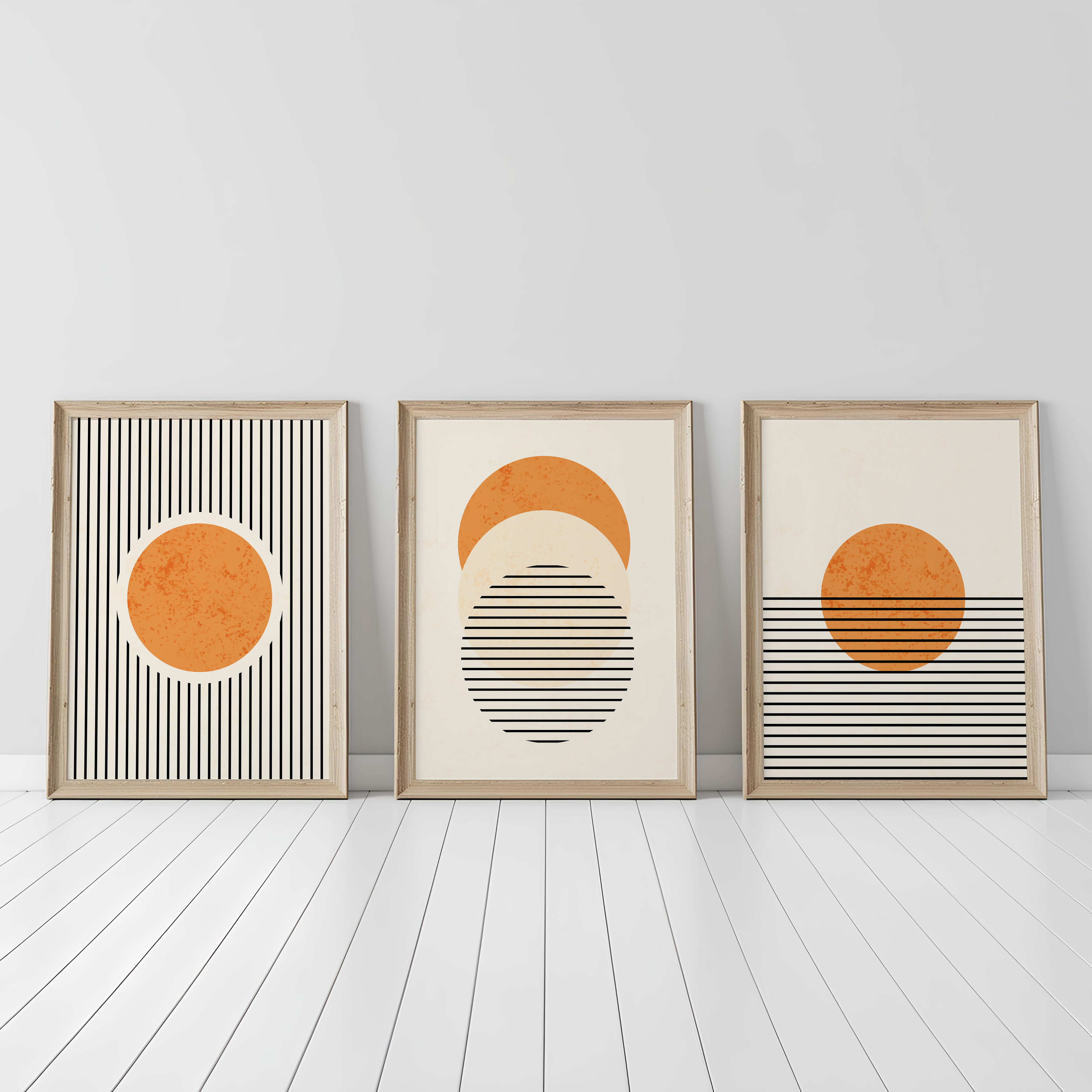 MID-CENTURY BOHO SUN WALL ART SET – MINIMAL GEOMETRIC ORANGE ABSTRACT PRINTS
