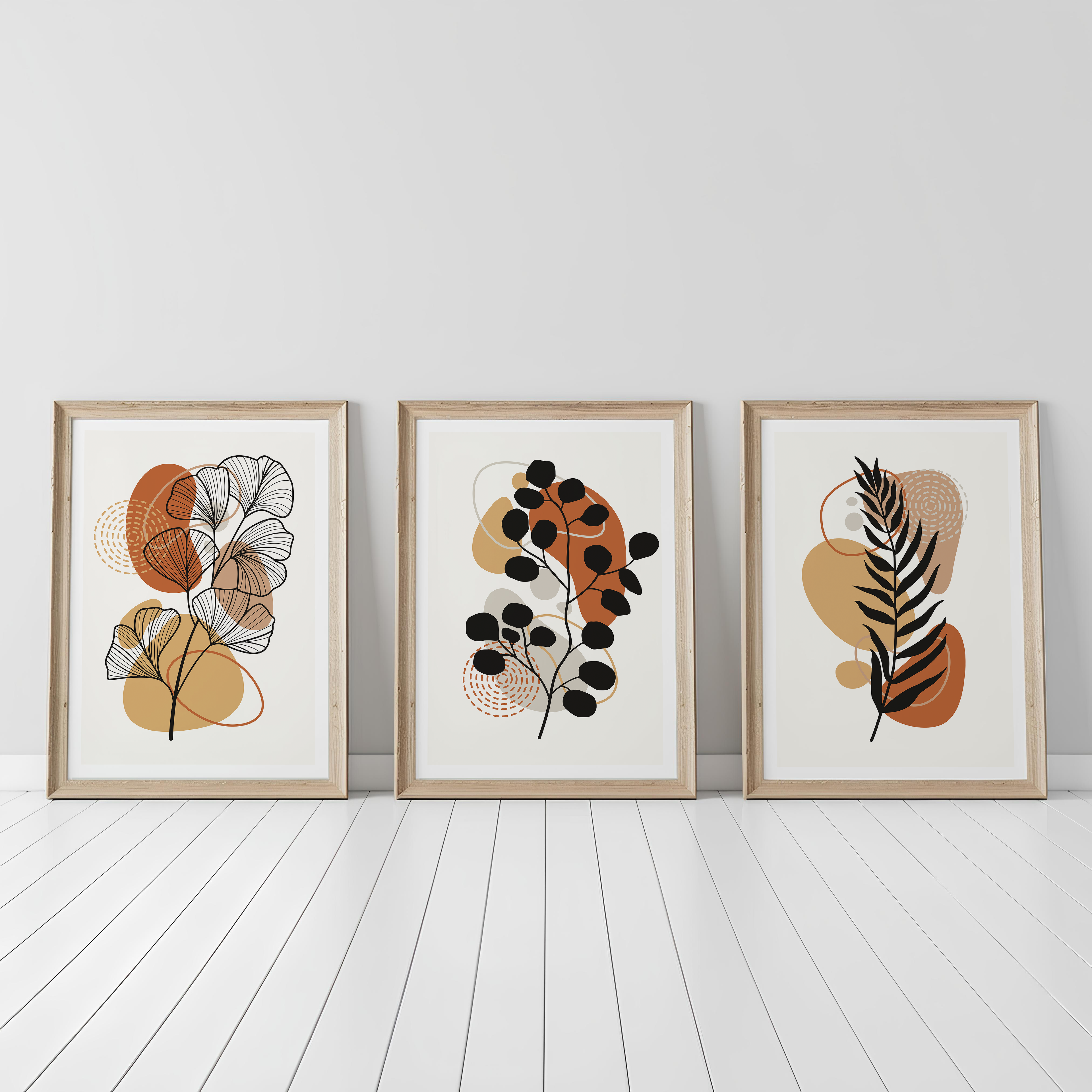 TERRACOTTA BOHO BOTANICAL WALL ART SET – ABSTRACT MID CENTURY