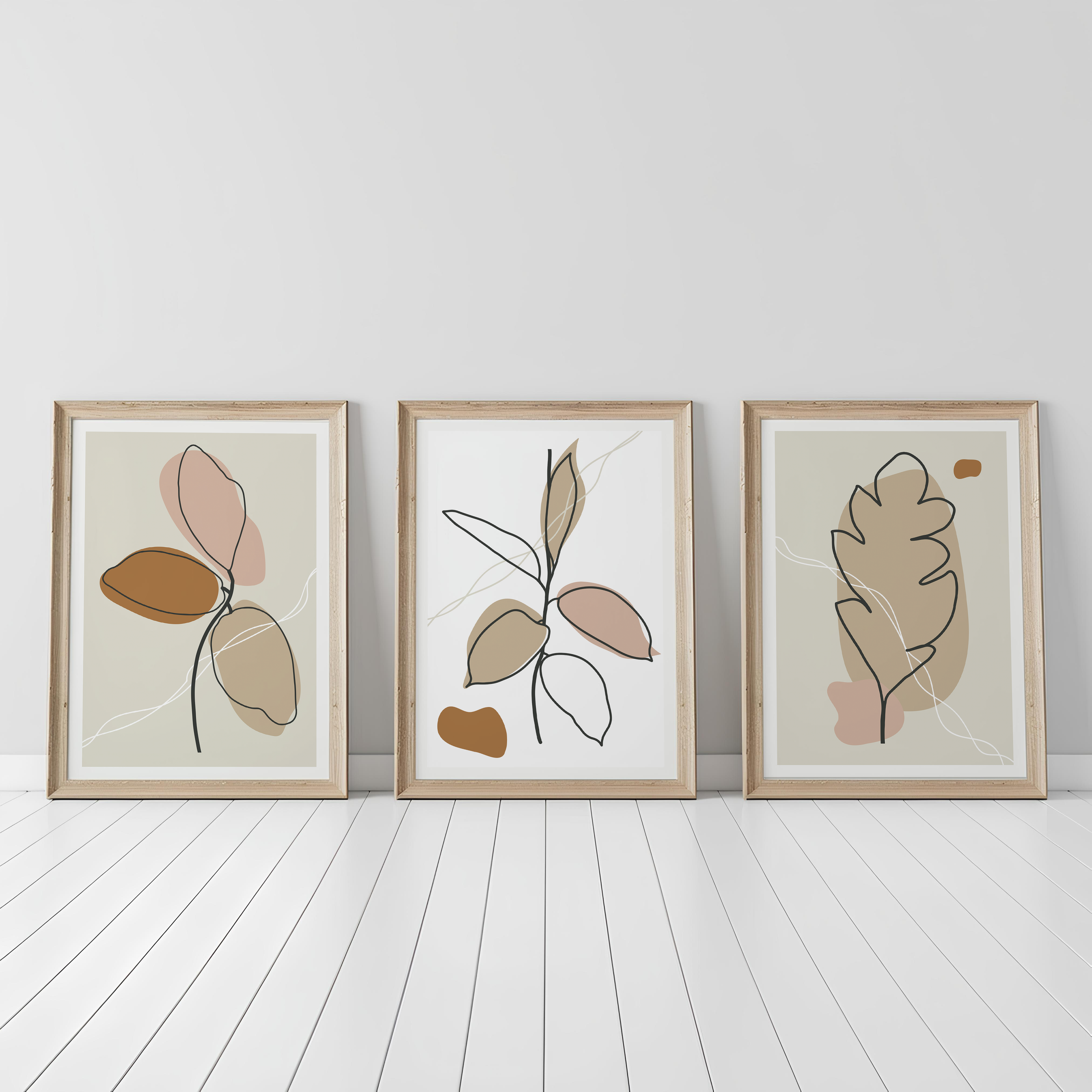 NEUTRAL BOHO LINE ART BOTANICAL WALL ART SET – MINIMAL ABSTRACT LEAF
